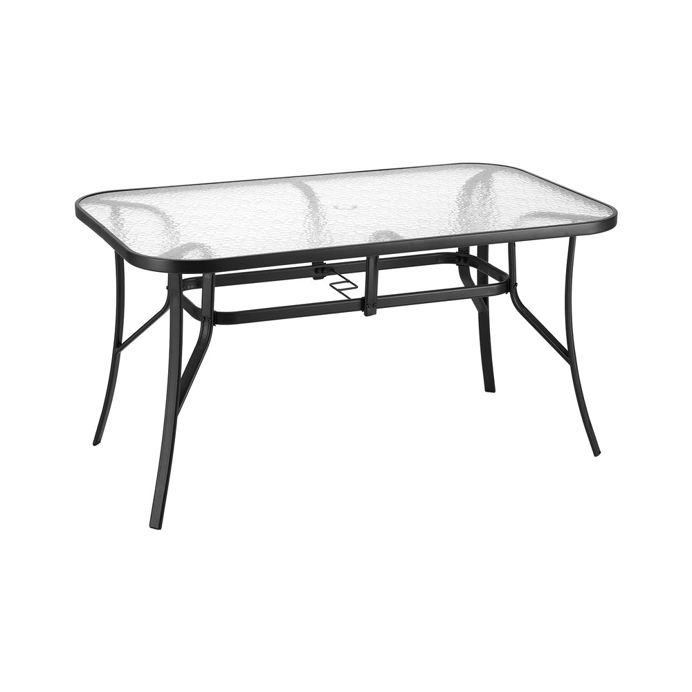 140cm Outdoor Dining Table With Glass Top and Parasol Hole – Black