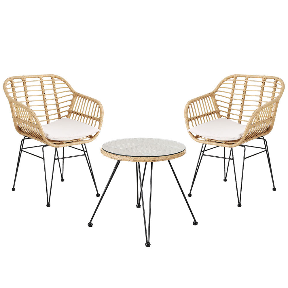 3PC Outdoor Furniture Bistro Set Lounge Setting Table Chairs Cushion Patio Grey with rattan chairs and round table on metal legs
