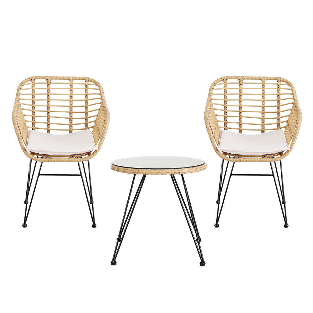3PC Outdoor Furniture Bistro Set Lounge Setting Table Chairs Cushion Patio Grey with wicker design and black metal legs on white background