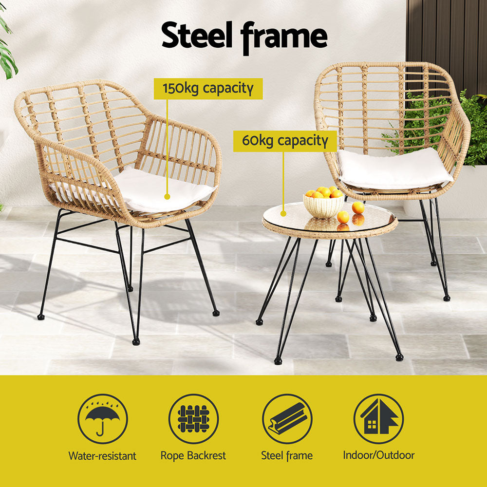 3PC Outdoor Furniture Bistro Set Lounge Setting Table Chairs Cushion Patio Grey with steel frame and rope backrest on tiled floor
