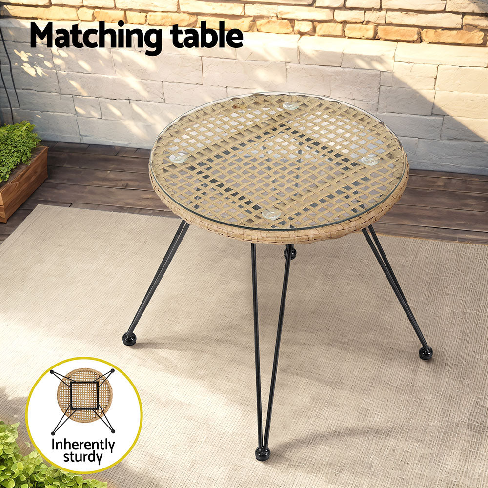 3PC Outdoor Furniture Bistro Set Lounge Setting Table Chairs Cushion Patio Grey round table with metal legs and wicker top on outdoor rug