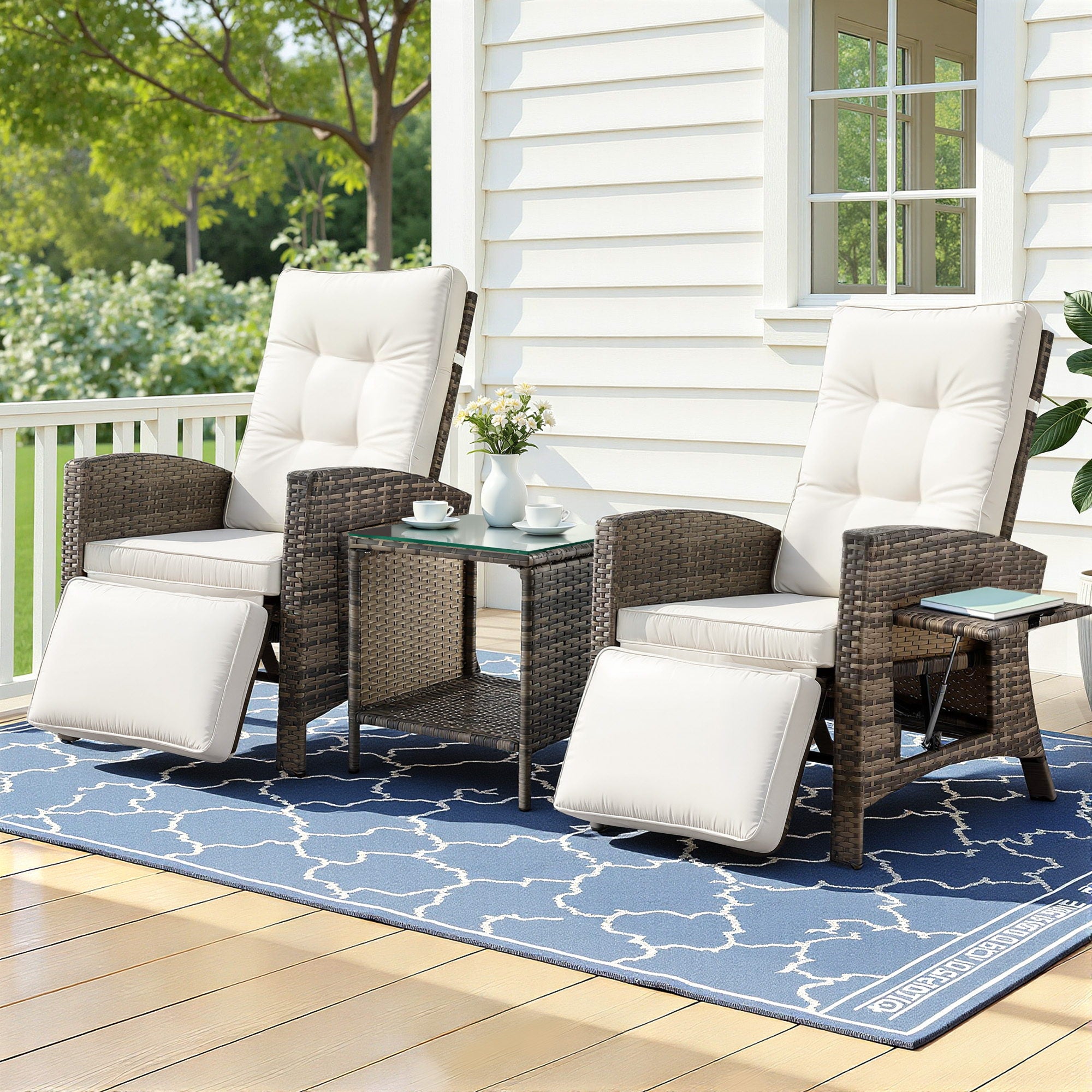 3PC Outdoor Bistro Set with Adjustable Recliner Chairs and Side Table - Brown