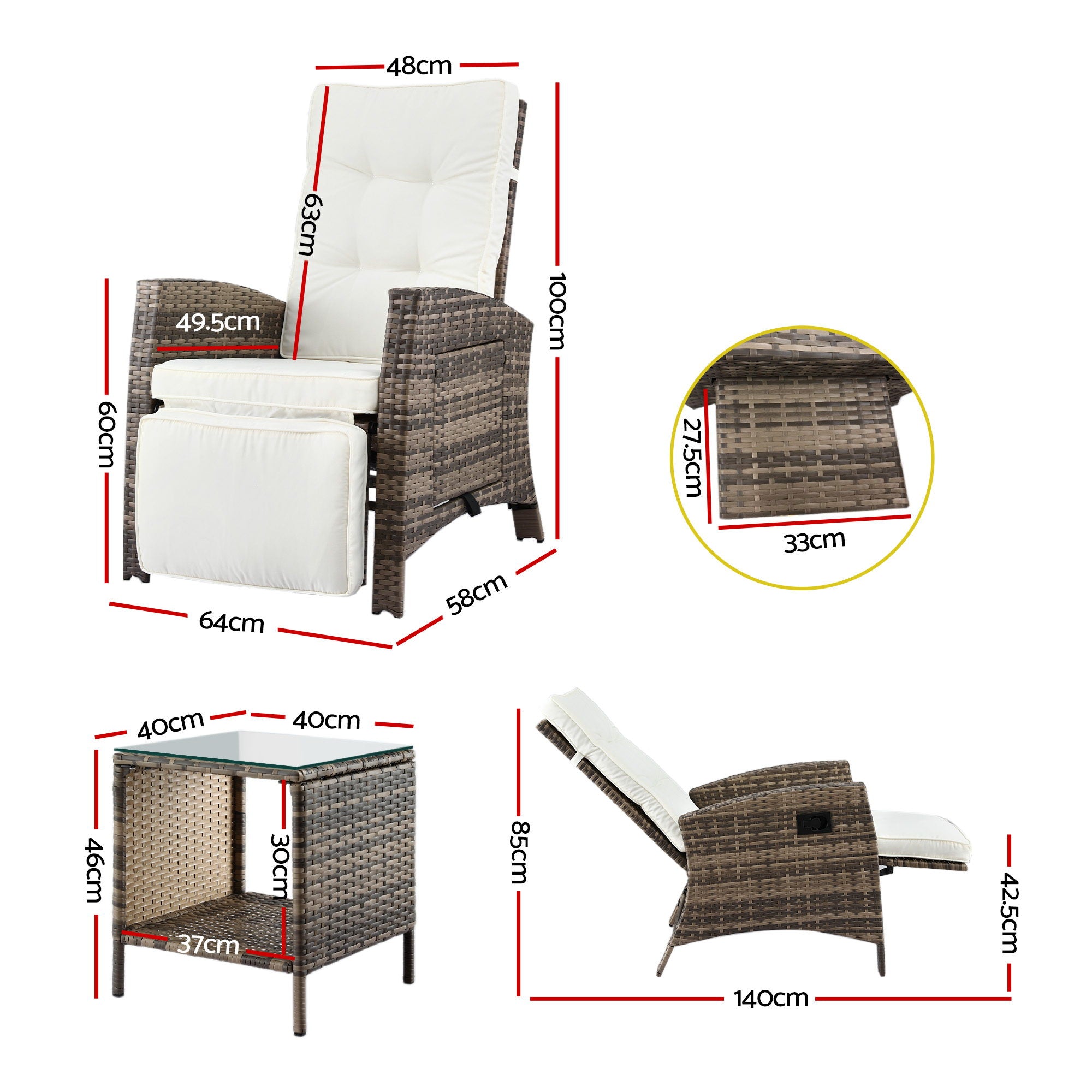 3PC Outdoor Bistro Set with Adjustable Recliner Chairs and Side Table - Brown