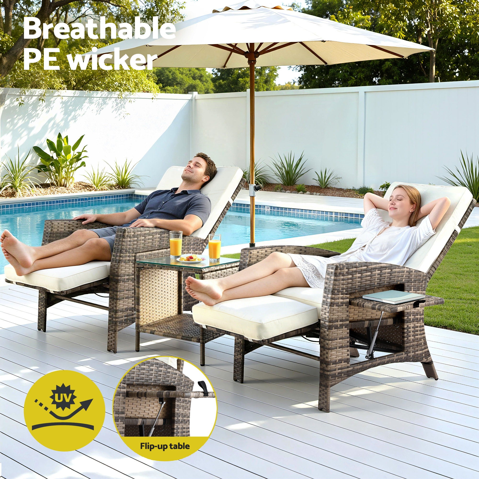 3PC Outdoor Bistro Set with Adjustable Recliner Chairs and Side Table - Brown