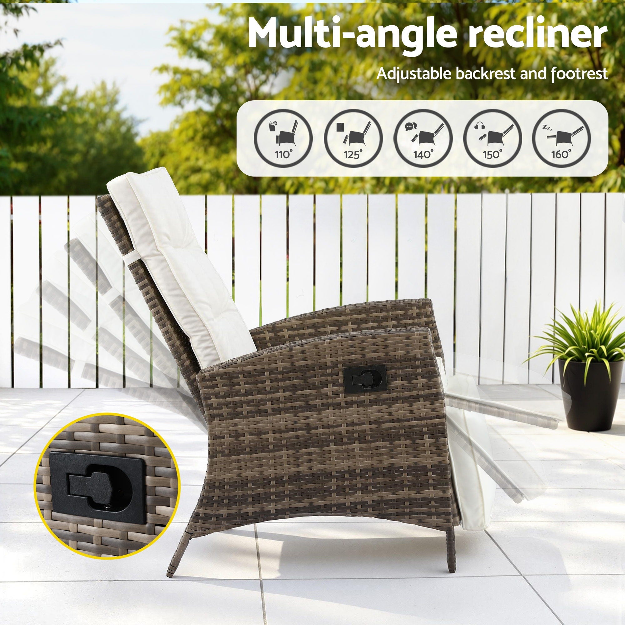 3PC Outdoor Bistro Set with Adjustable Recliner Chairs and Side Table - Brown