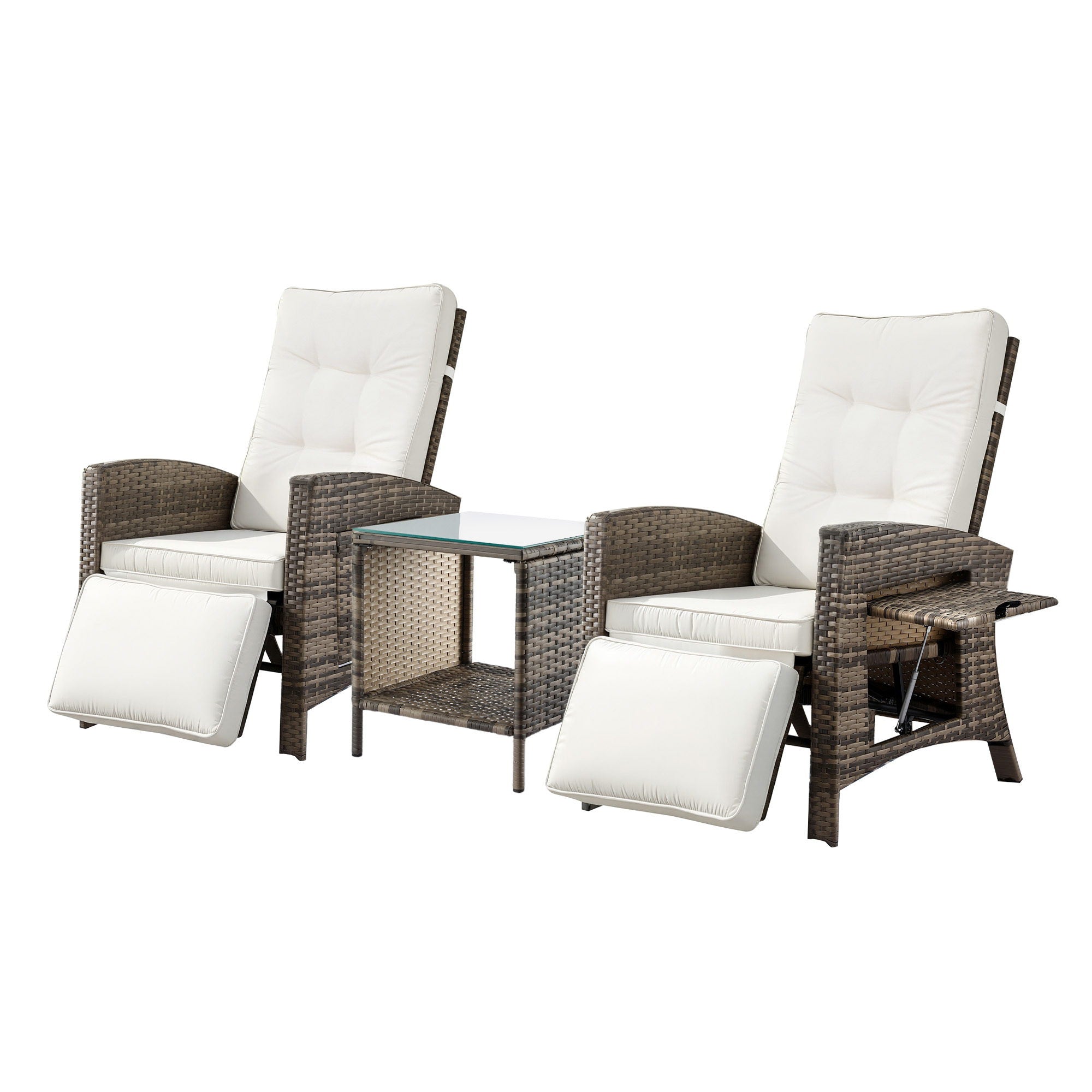 3PC Outdoor Bistro Set with Adjustable Recliner Chairs and Side Table - Brown