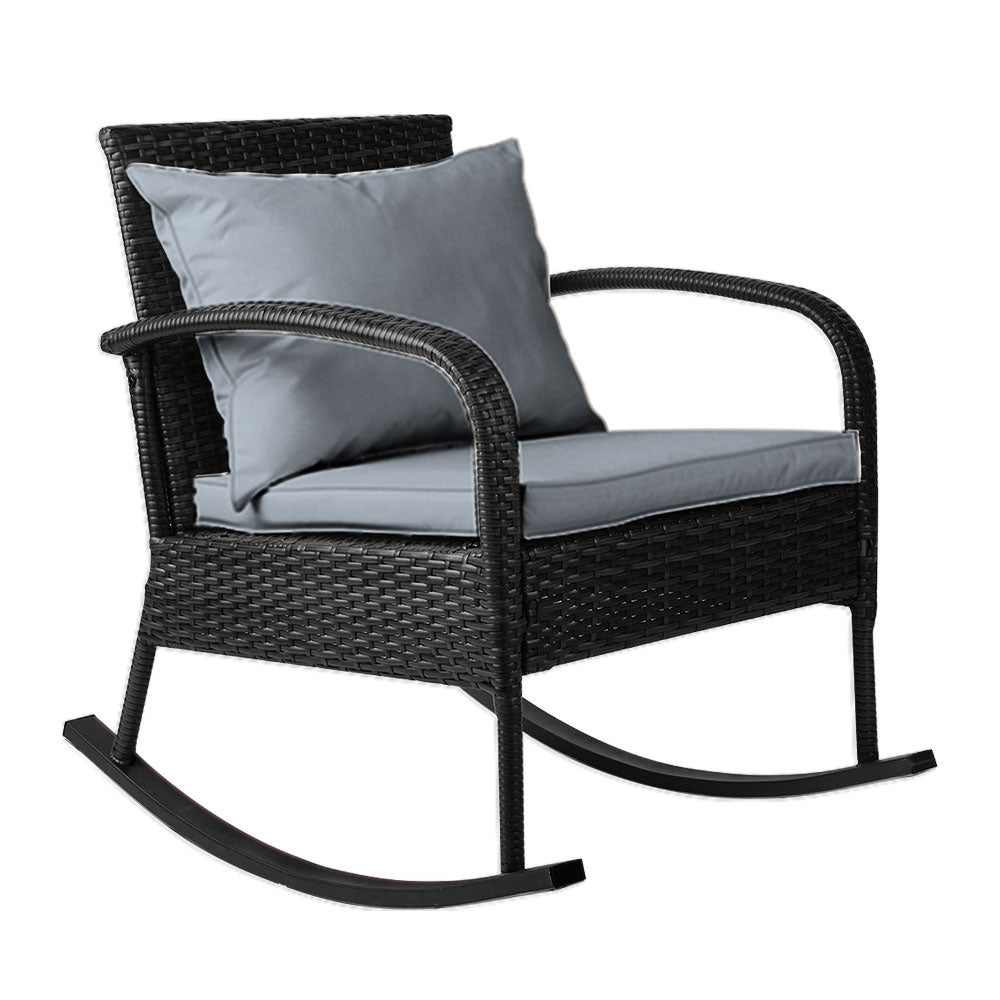 Outdoor Furniture Rocking Chair Wicker Garden Patio Lounge Setting Black with gray cushions and curved rockers on white background