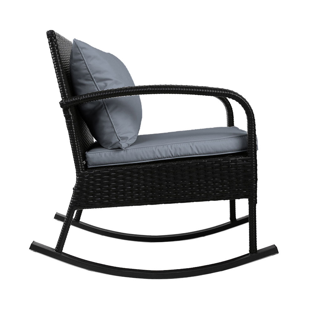 Outdoor Furniture Rocking Chair Wicker Garden Patio Lounge Setting Black with gray cushions and woven resin rattan frame