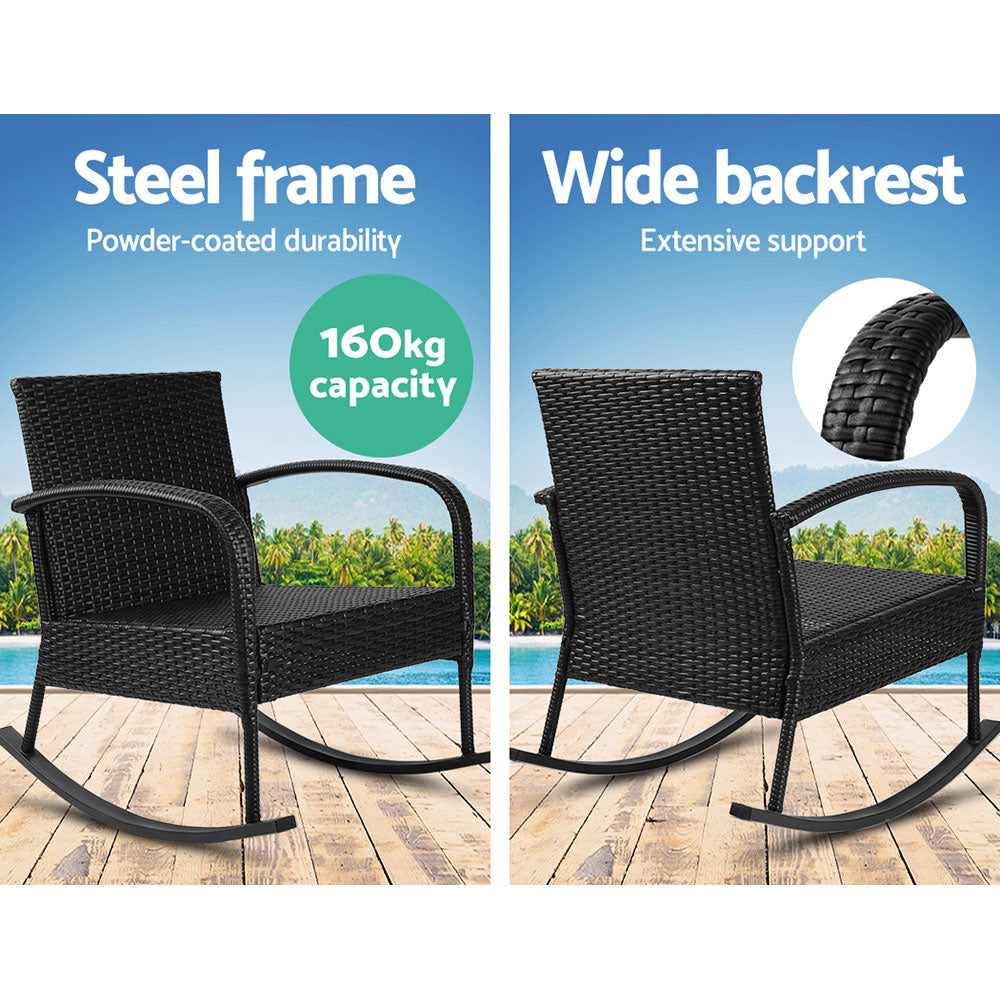 Outdoor Furniture Rocking Chair Wicker Garden Patio Lounge Setting Black with steel frame and wide backrest on wooden deck