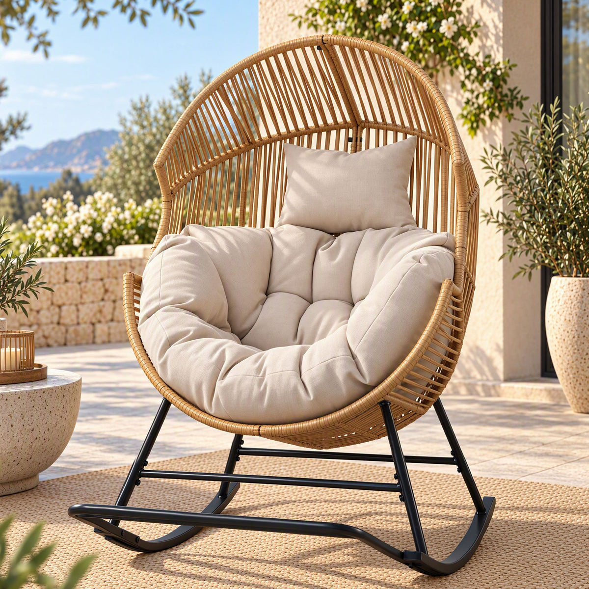 Outdoor Egg Rocking Chair Rattan Lounger with Thick Cushion Patio Furniture - Natural