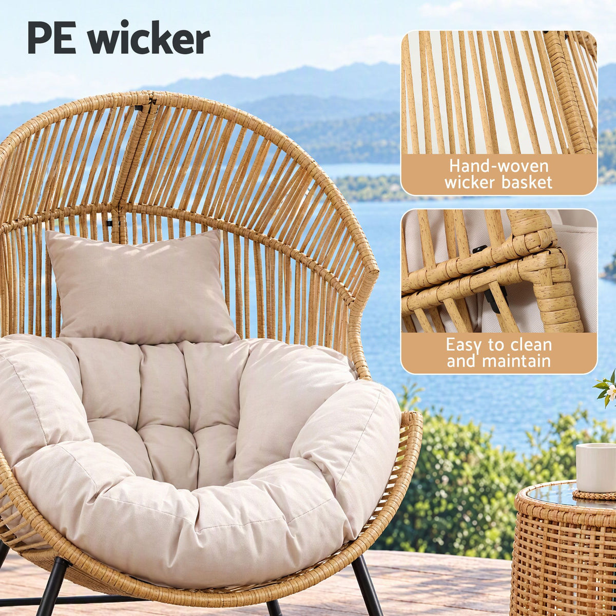 Outdoor Egg Rocking Chair Rattan Lounger with Thick Cushion Patio Furniture - Natural