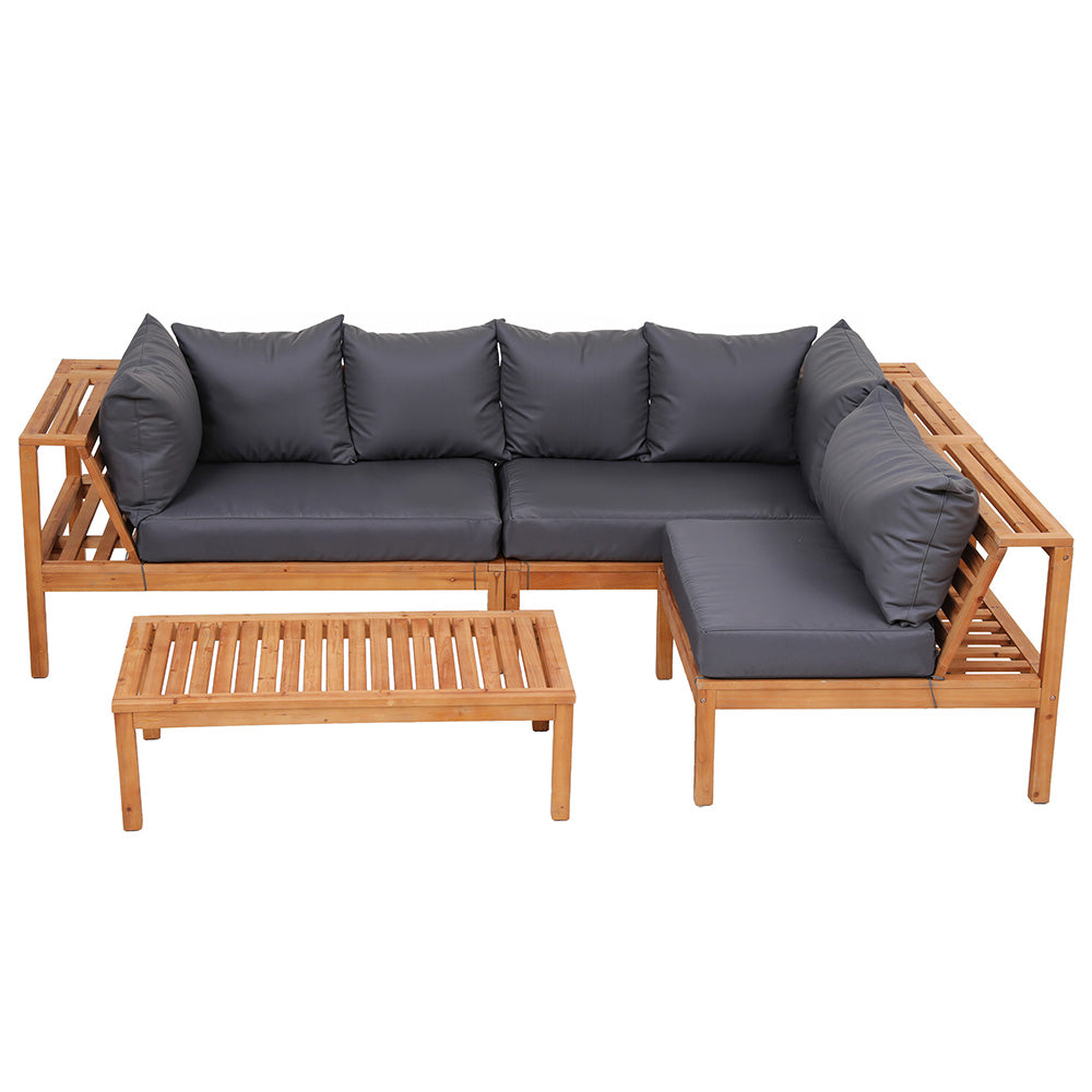 4 Pieces Outdoor Sofa Set 5-Seater Wooden Bench with Built-in Side Table