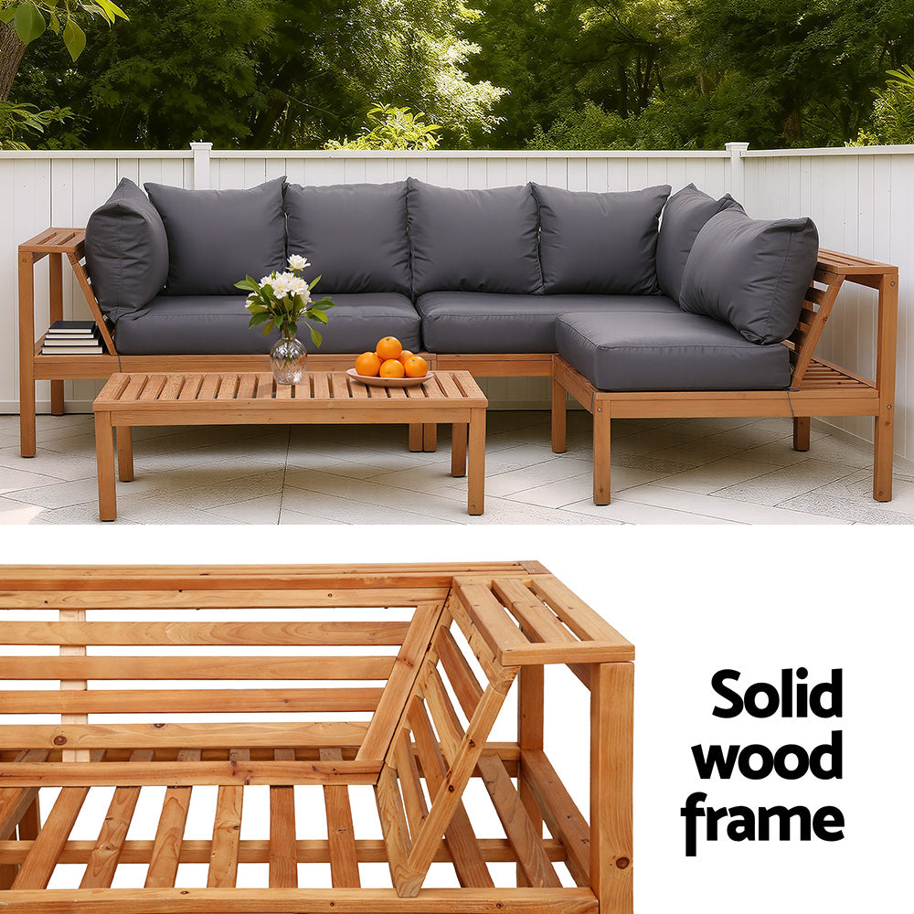 4 Pieces Outdoor Sofa Set 5-Seater Wooden Bench with Built-in Side Table