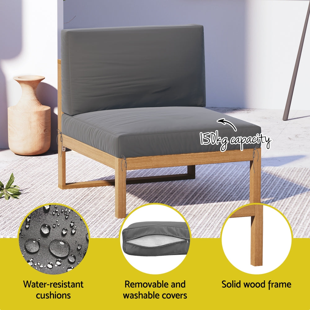 4-Piece Outdoor Sofa Set Wooden Couch Lounge Setting 5PCS single seat with gray cushions and solid wood frame outdoors