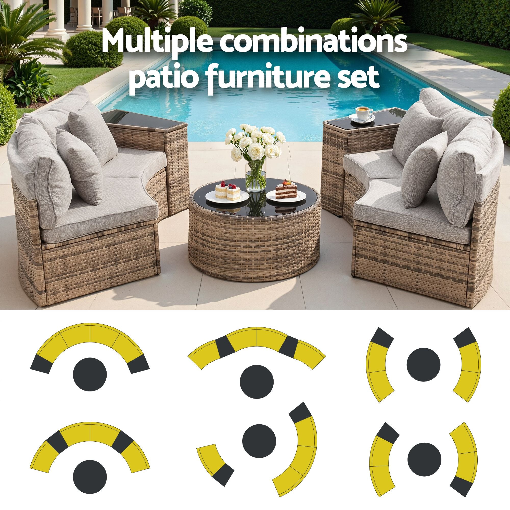 4 Seater Outdoor Sofa Set 7PCS Table Chair Brown Rattan Patio Furniture