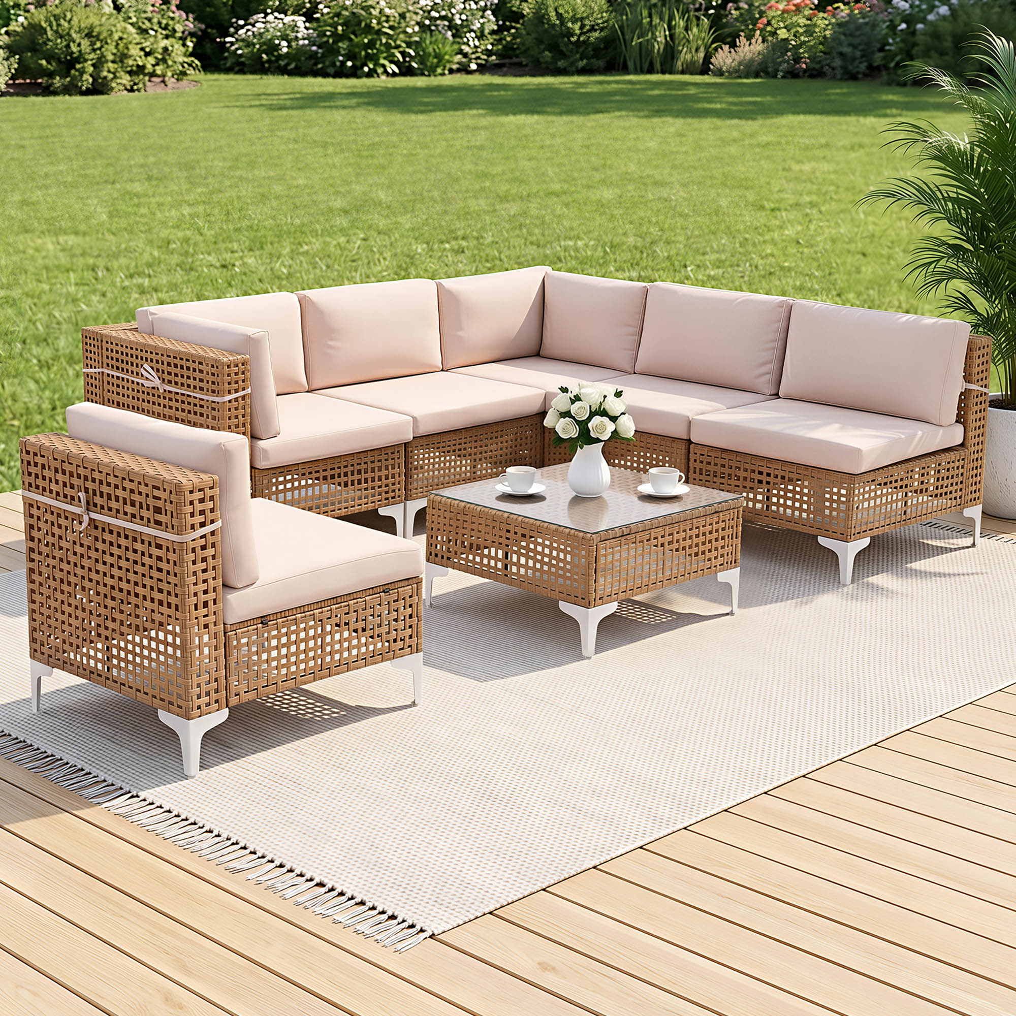 6 Seater Outdoor Sofa Set 7PCS Table Chair Set Garden Rattan Patio Furniture