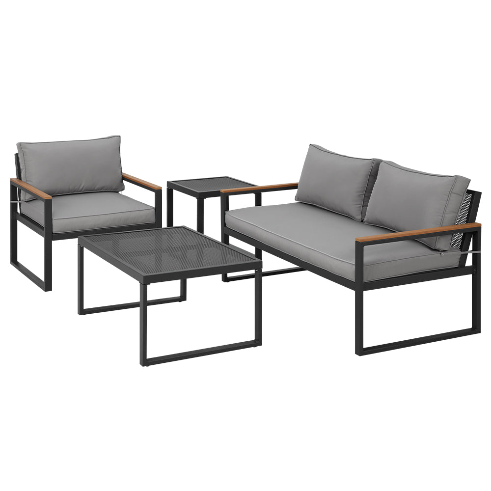 3 Seater Corner Steel Modular Lounge Setting with gray cushions, steel frame, wooden armrests, coffee and side tables on white background