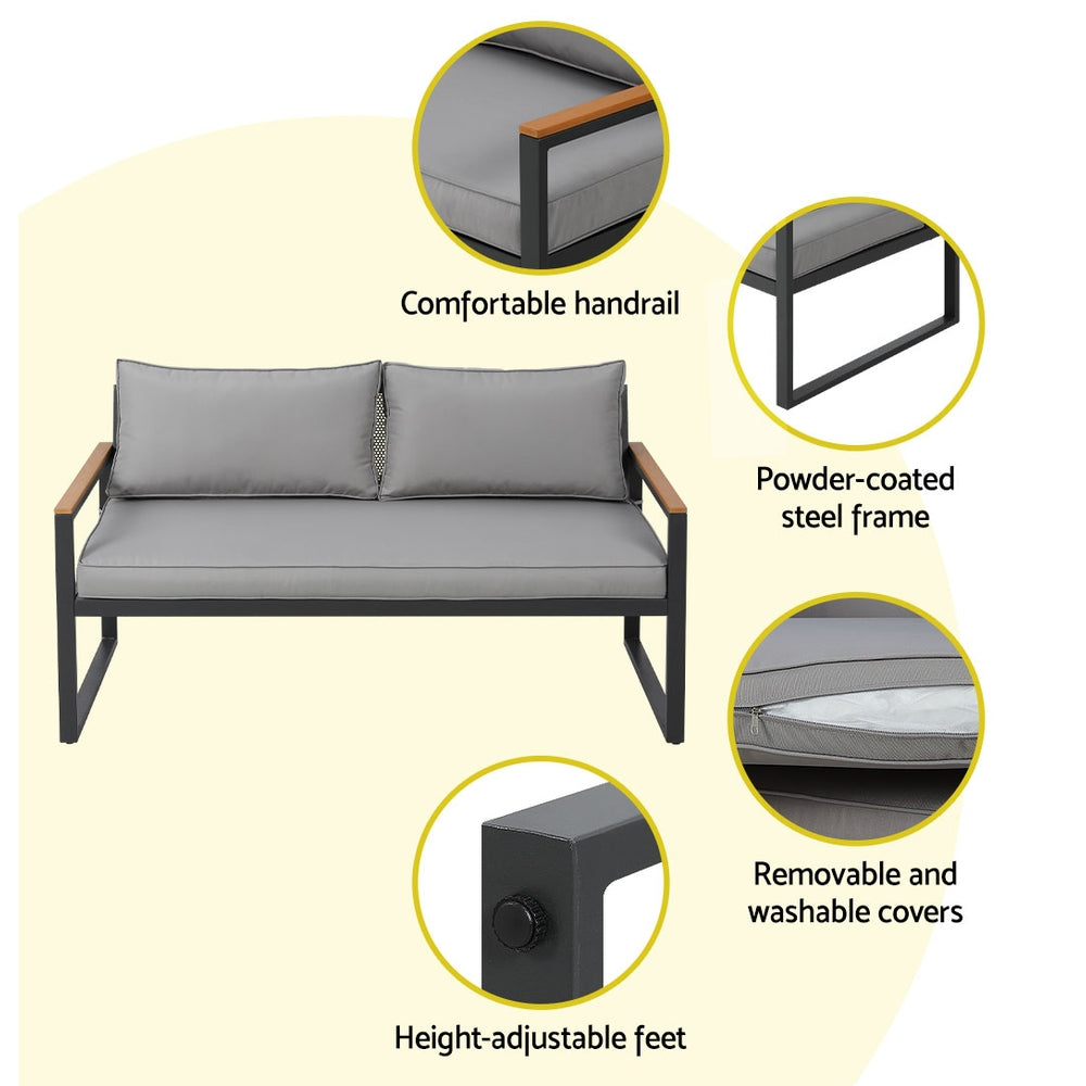 3 Seater Corner Steel Modular Lounge Setting with gray cushions, powder-coated frame, handrails, adjustable feet, and washable covers
