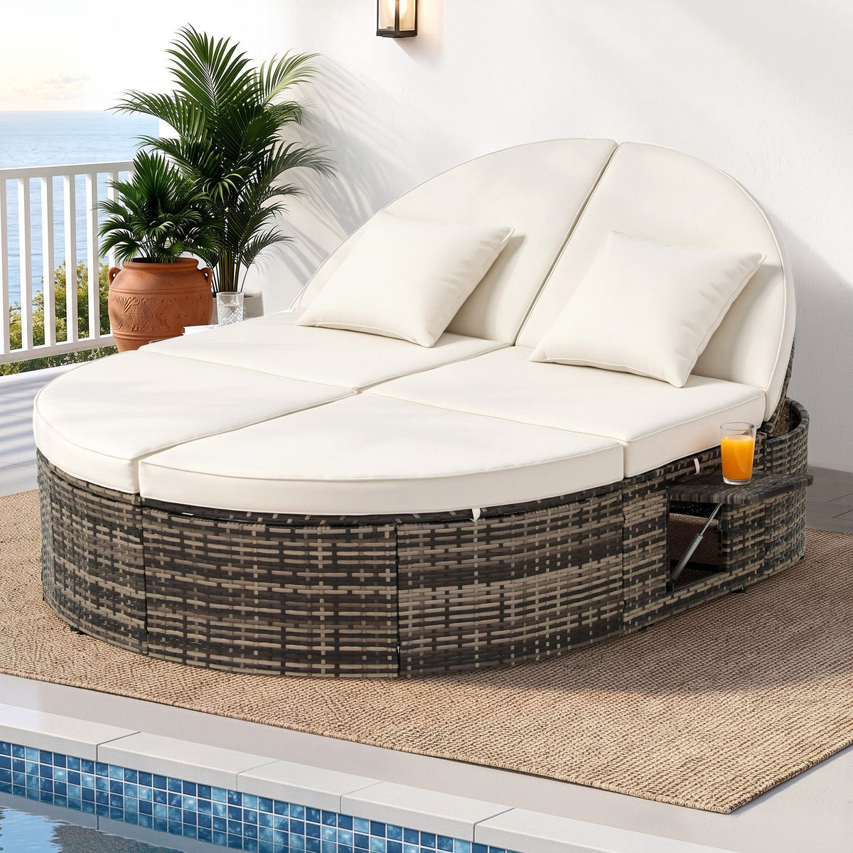 Outdoor Day Bed Sun Lounge with Retractable Side Tray Patio Furniture