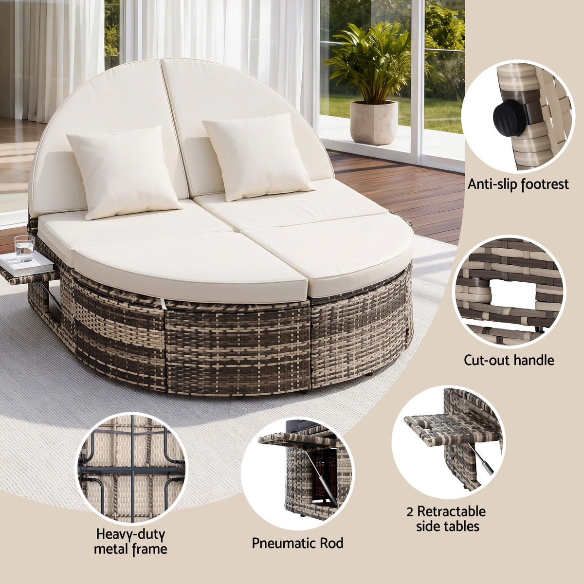 Outdoor Day Bed Sun Lounge with Retractable Side Tray Patio Furniture