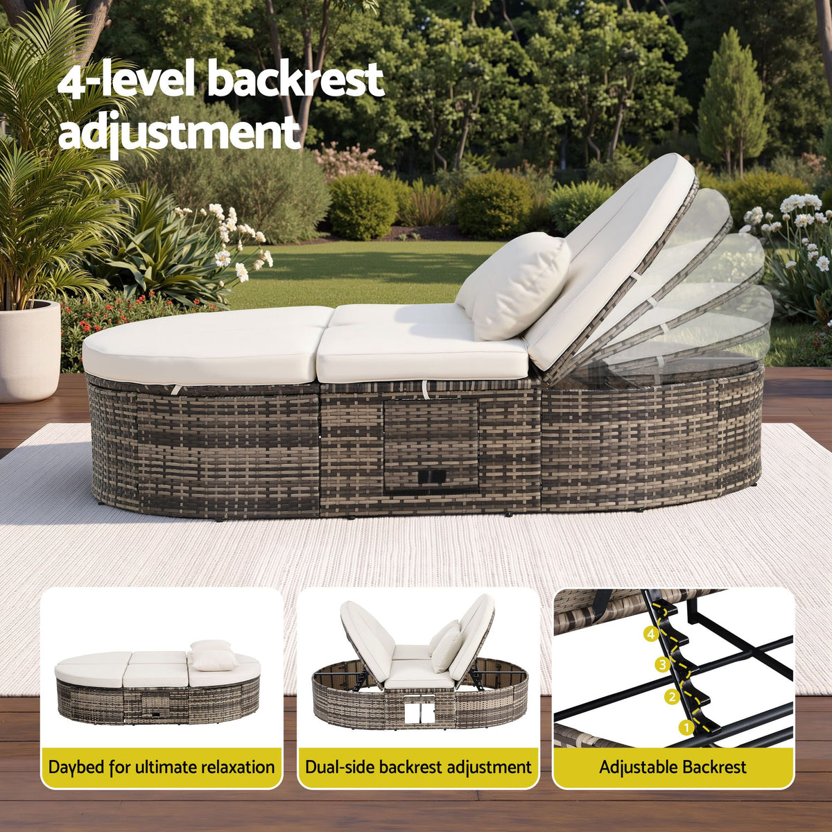 Outdoor Day Bed Sun Lounge with Retractable Side Tray Patio Furniture