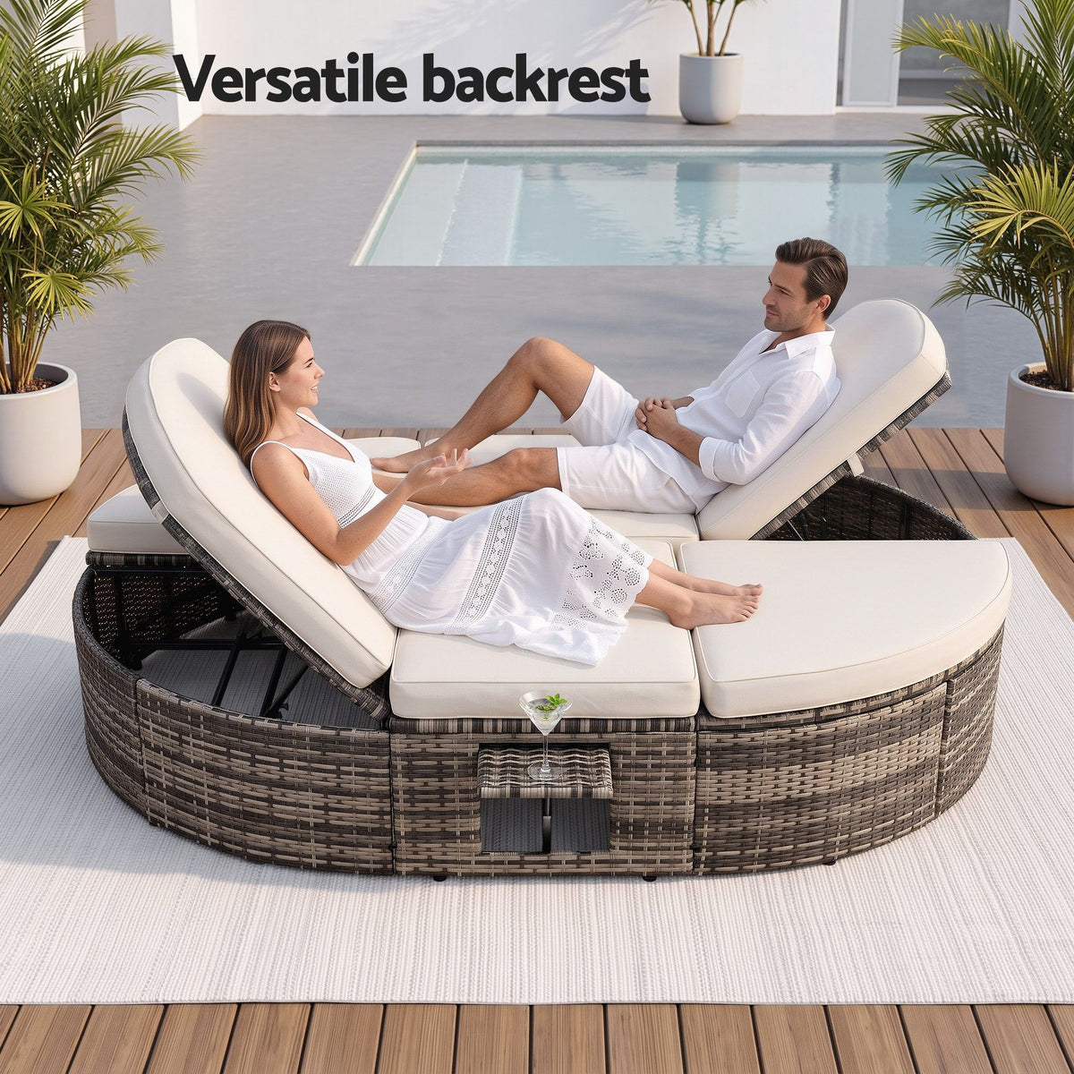 Outdoor Day Bed Sun Lounge with Retractable Side Tray Patio Furniture