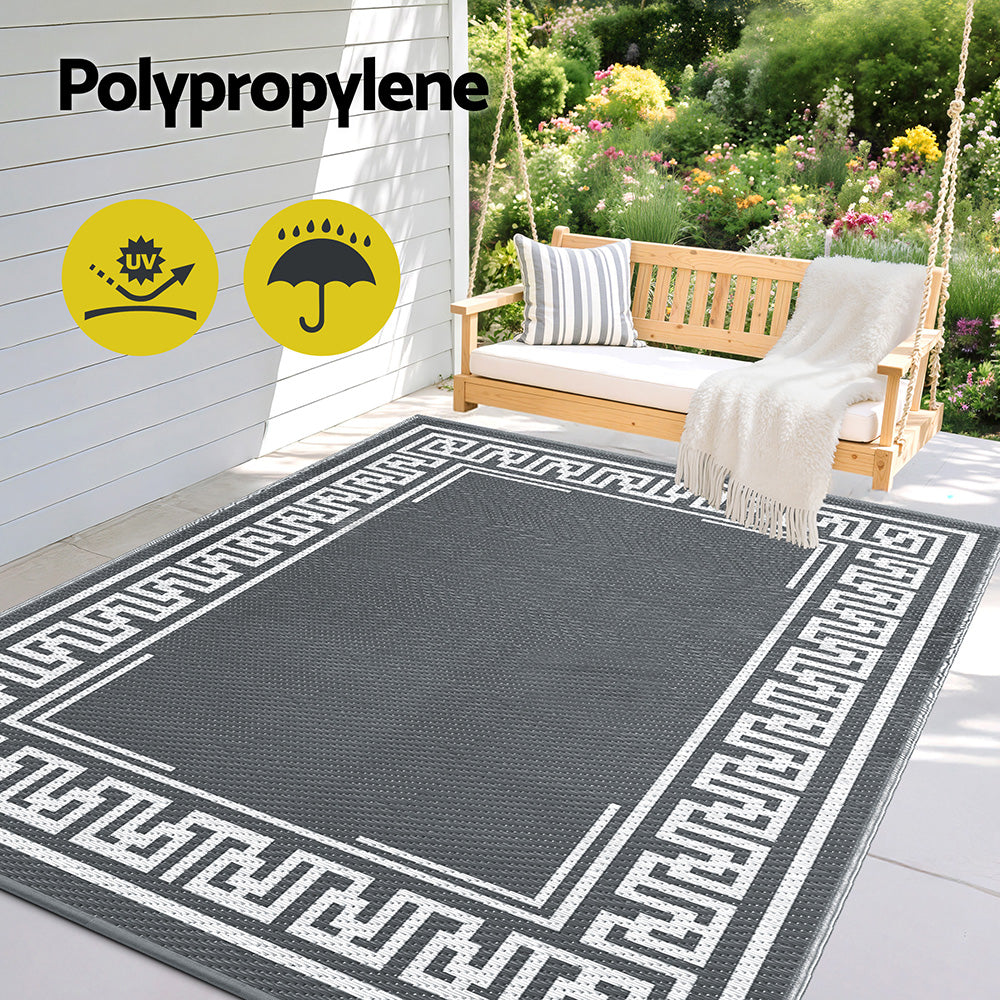 Outdoor Rugs 152x244cm Large Carpet Reversible Area Mat PP Dual-Sided Patio Rug Greek Key on patio under wooden swing bench