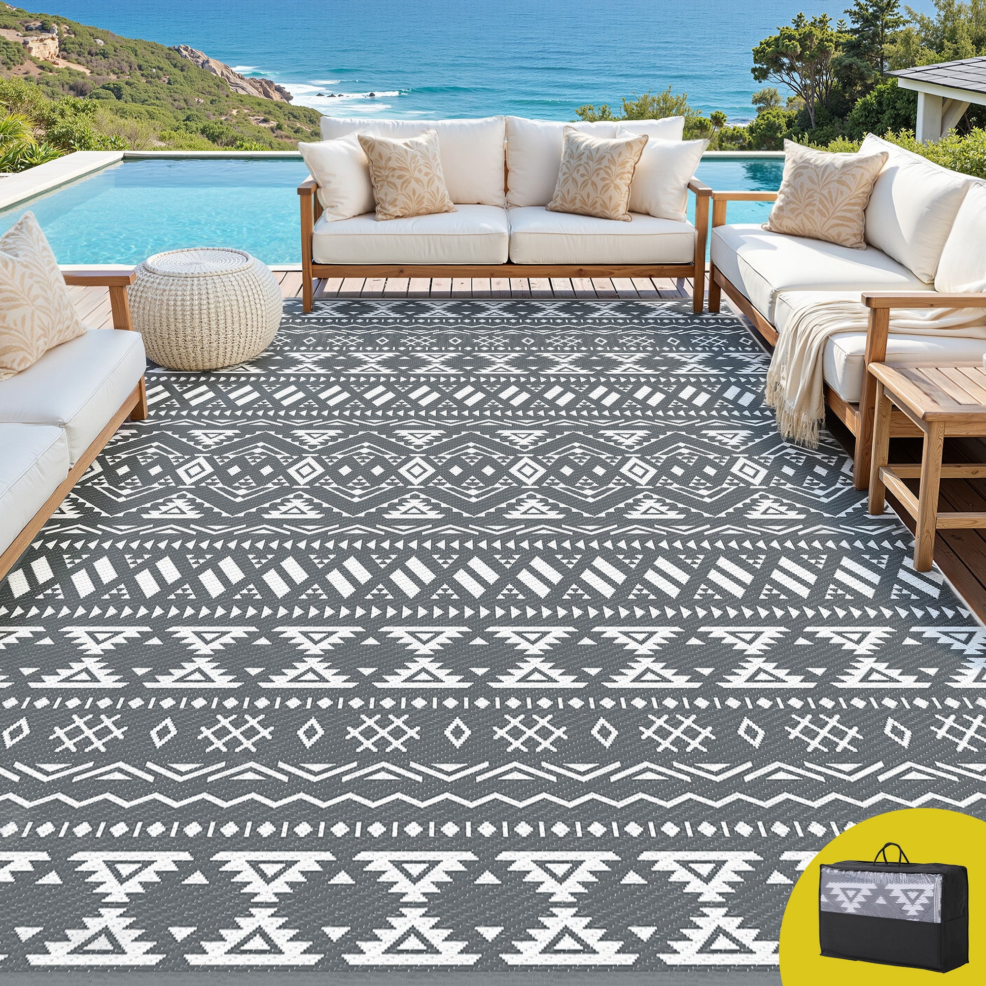 Outdoor Rugs 274x366cm Large Carpet Reversible Area Mat PP Dual-Sided Patio Rug Bohemian with geometric patterns on patio deck