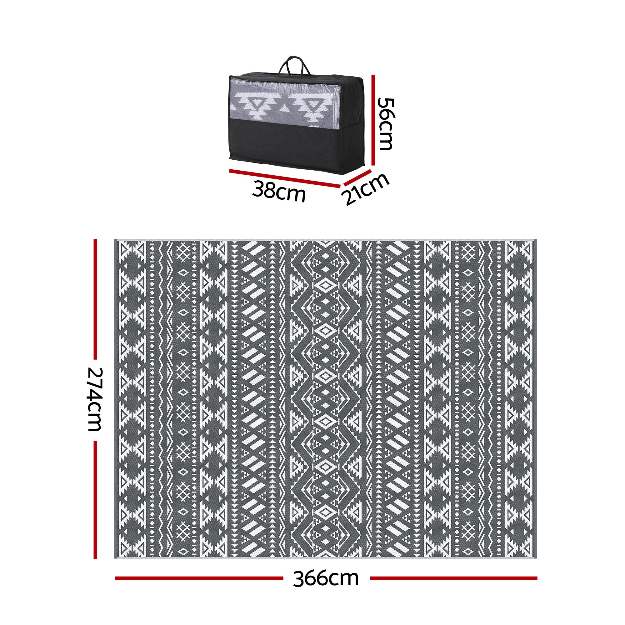 Outdoor Rugs 274x366cm Large Carpet Reversible Area Mat PP Dual-Sided Patio Rug Bohemian with carry bag and dimensions shown