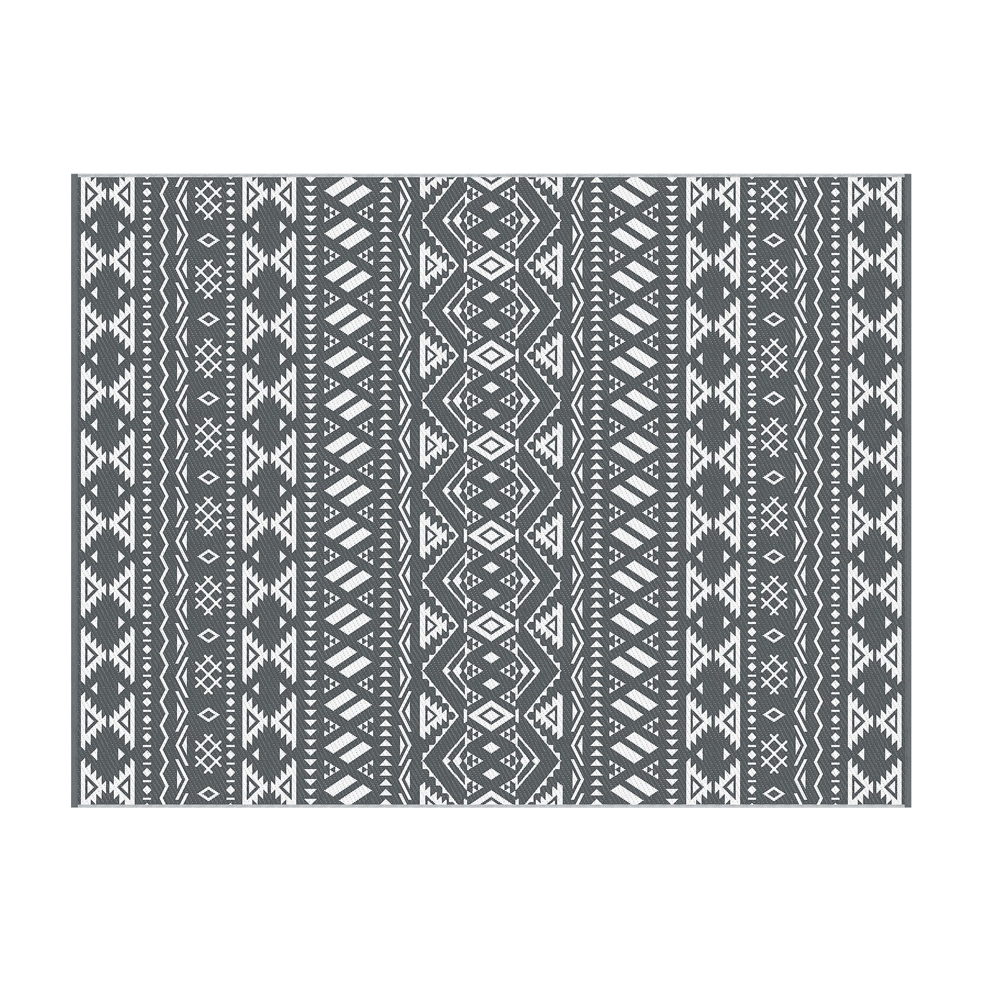 Outdoor Rugs 274x366cm Large Carpet Reversible Area Mat PP Dual-Sided Patio Rug Bohemian with gray geometric pattern.