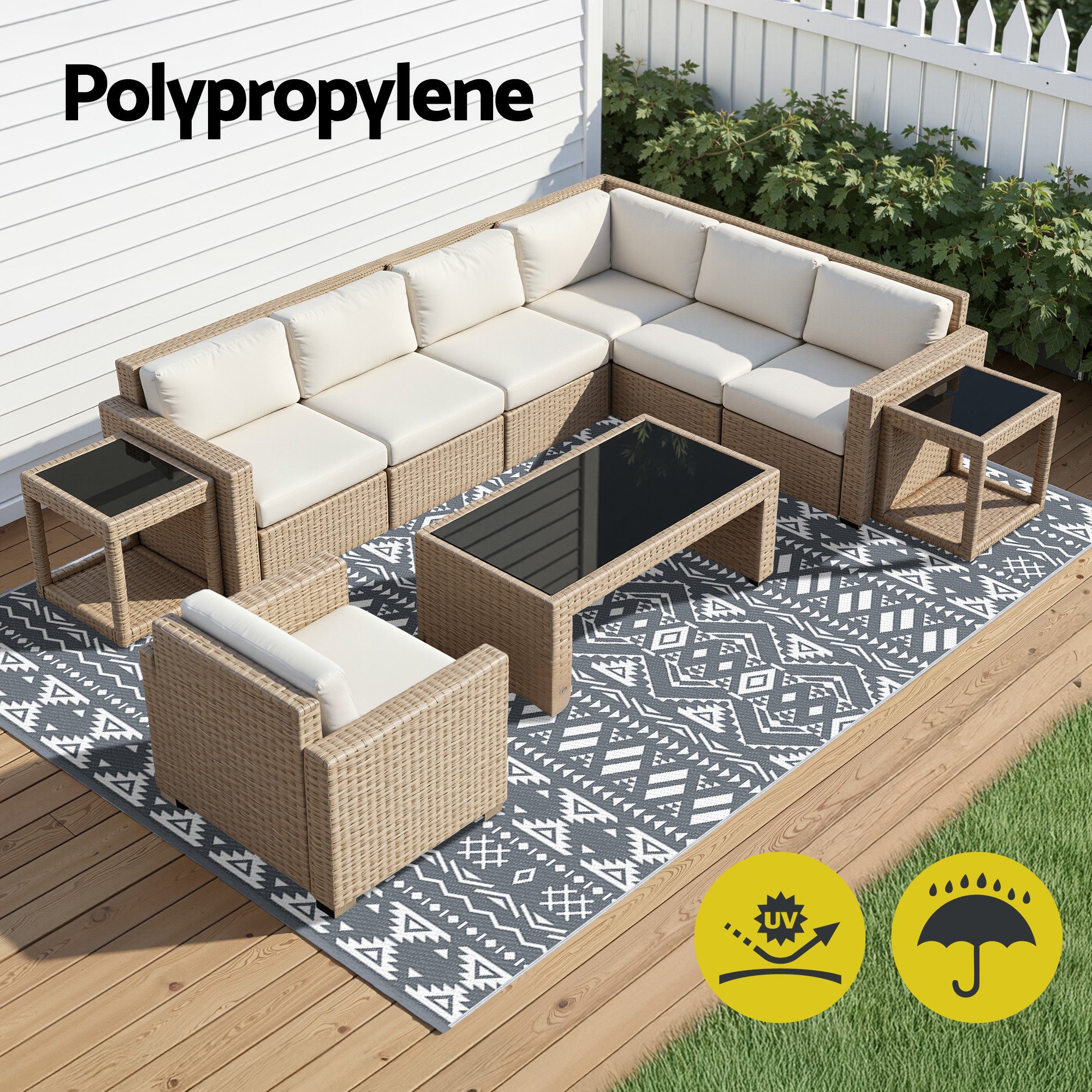 Outdoor Rugs 274x366cm Large Carpet Reversible Area Mat PP Dual-Sided Patio Rug Bohemian under wicker patio furniture set