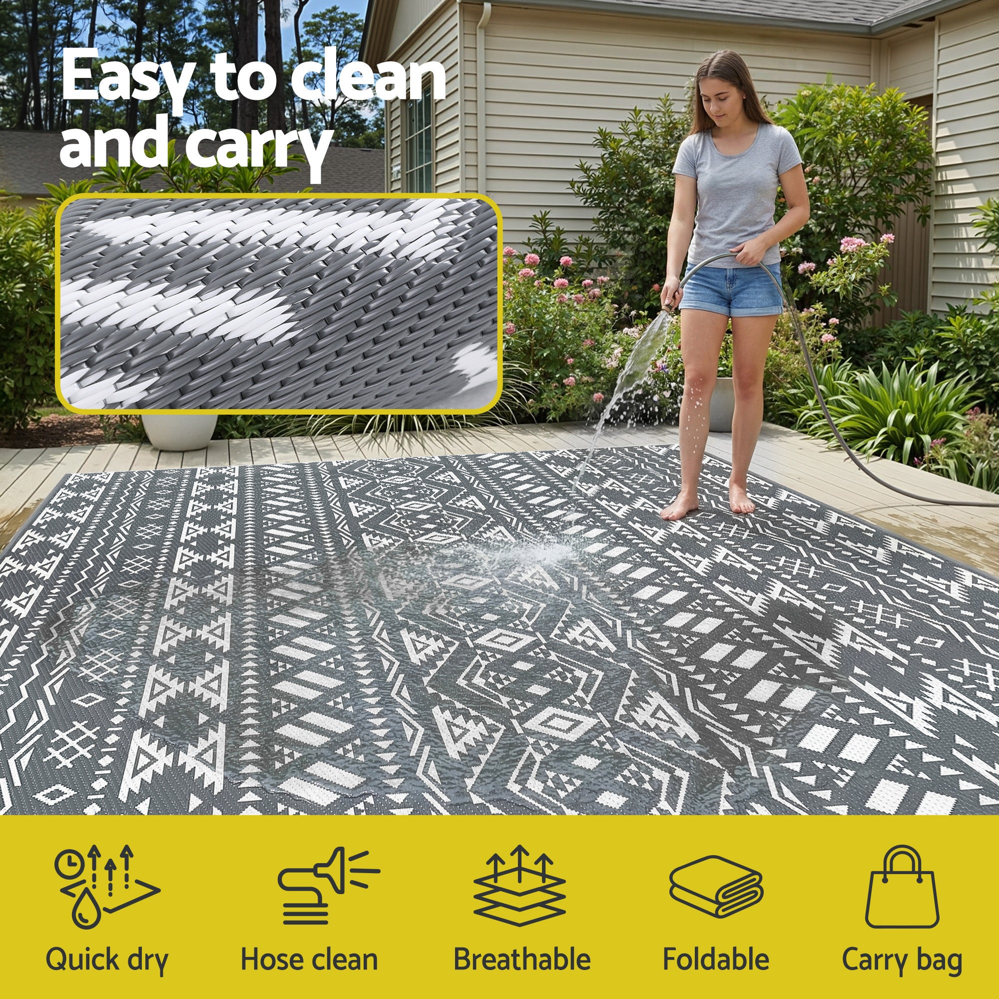 Outdoor Rugs 274x366cm Large Carpet Reversible Area Mat PP Dual-Sided Patio Rug Bohemian shown being hose-cleaned outdoors