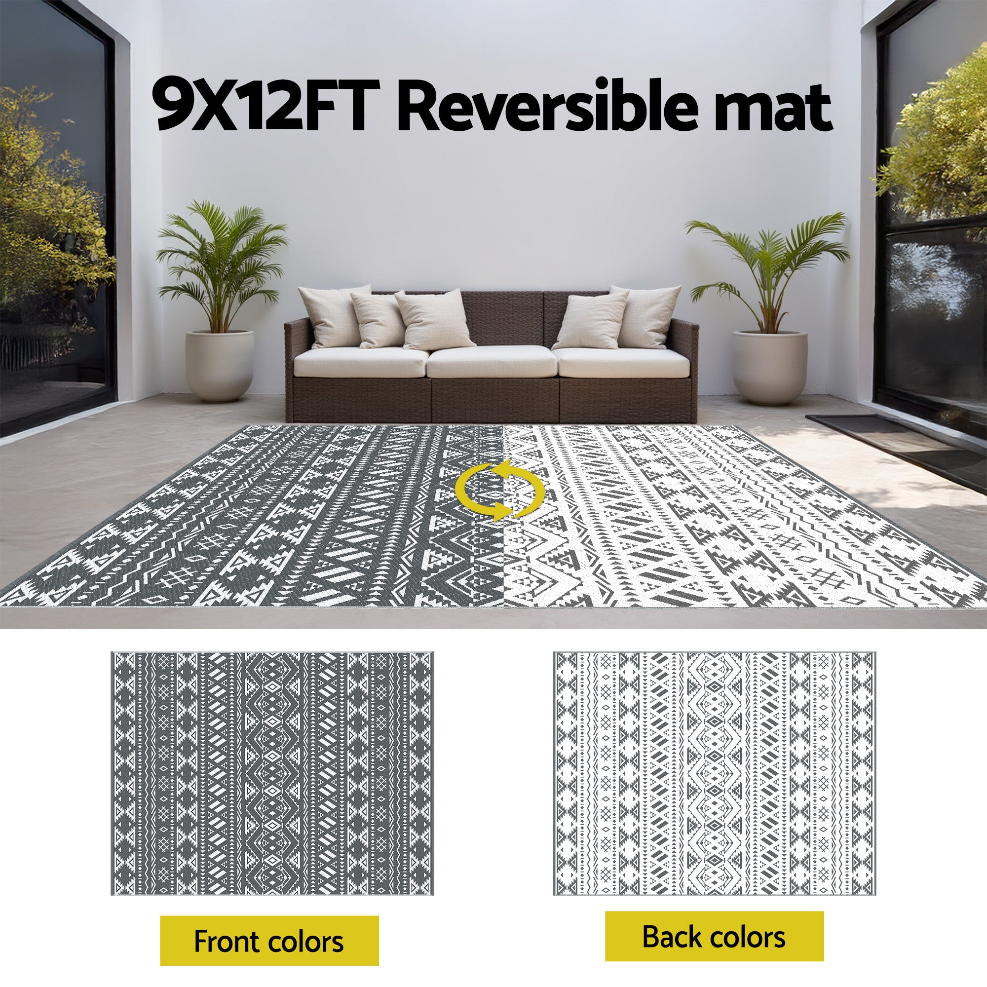 Outdoor Rugs 274x366cm Large Carpet Reversible Area Mat PP Dual-Sided Patio Rug Bohemian in modern patio setting with sofa and plants