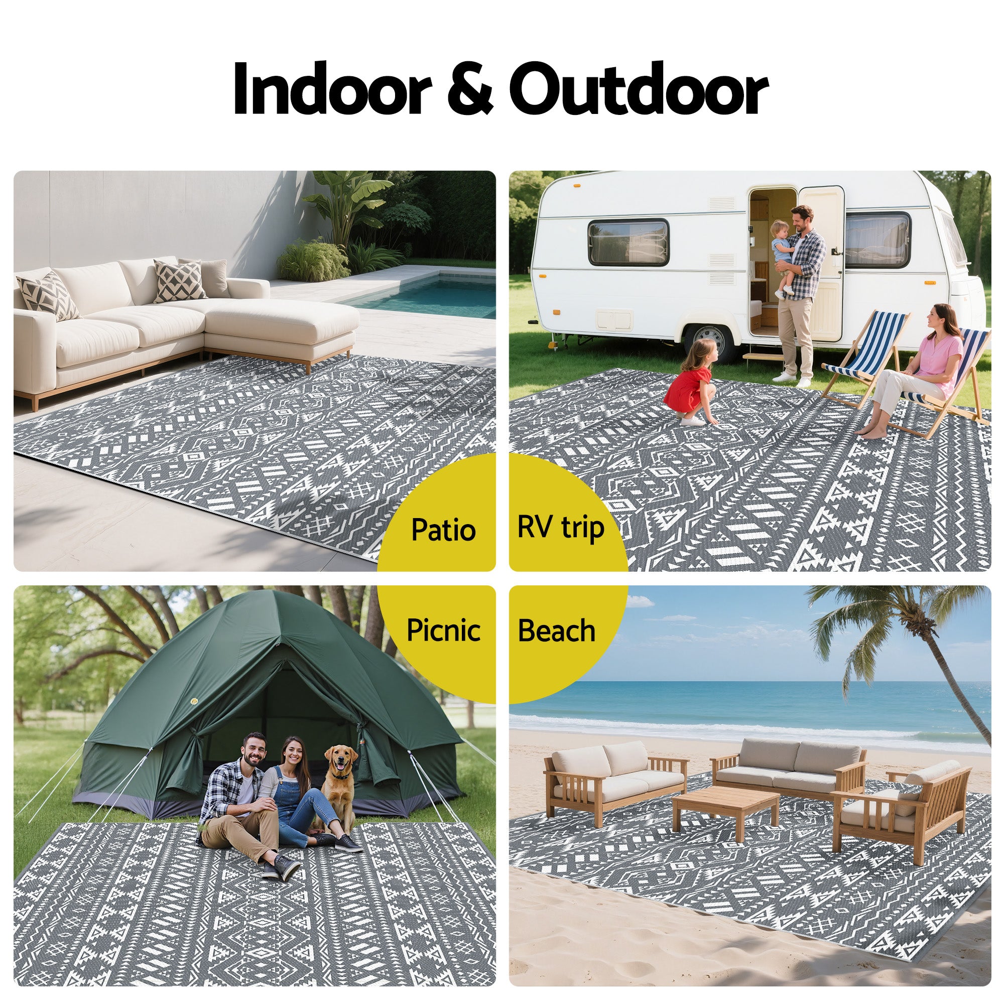 Outdoor Rugs 274x366cm Large Carpet Reversible Area Mat PP Dual-Sided Patio Rug Bohemian shown in various outdoor and indoor settings