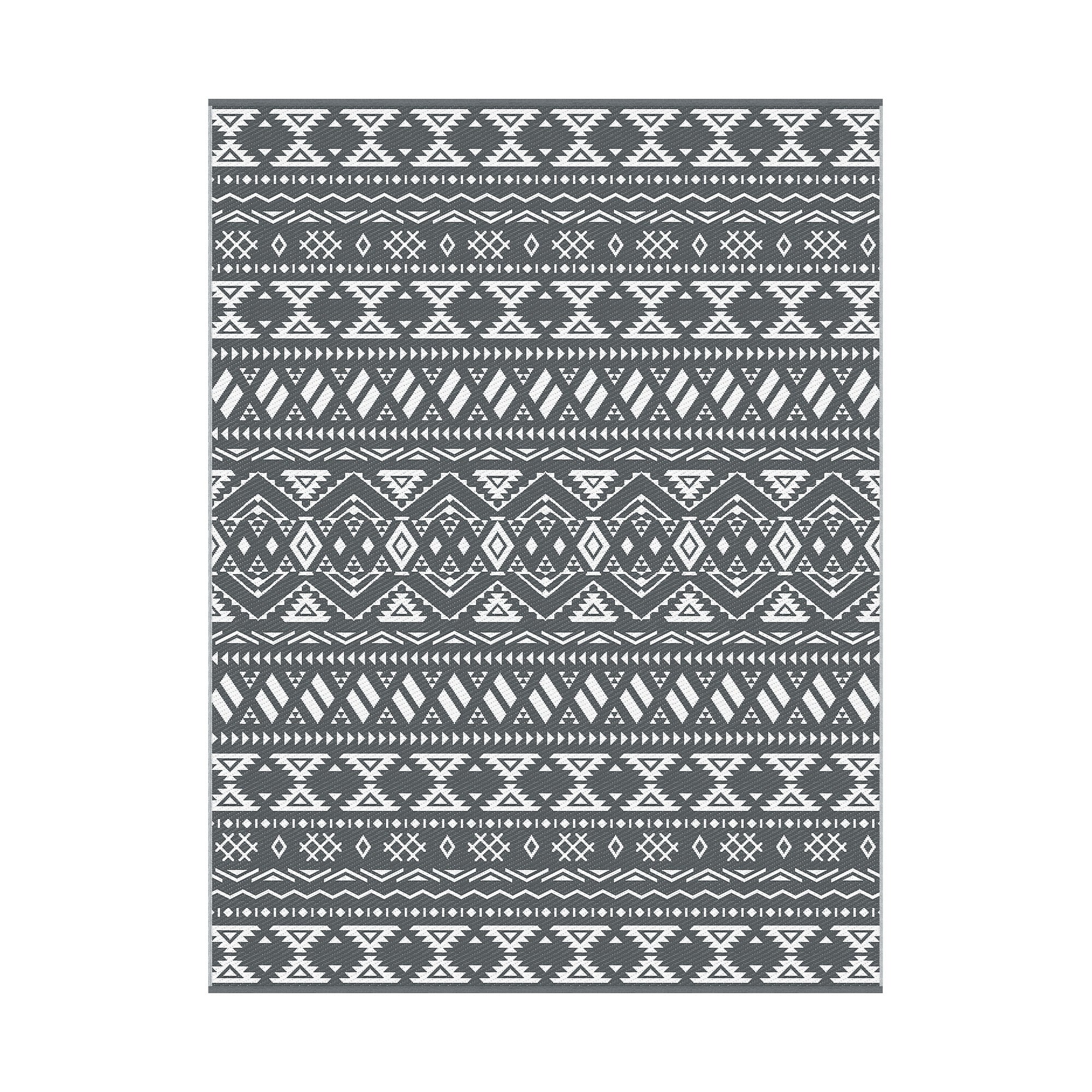 Outdoor Rugs 274x366cm Large Carpet Reversible Area Mat PP Dual-Sided Patio Rug Bohemian with geometric black and white design