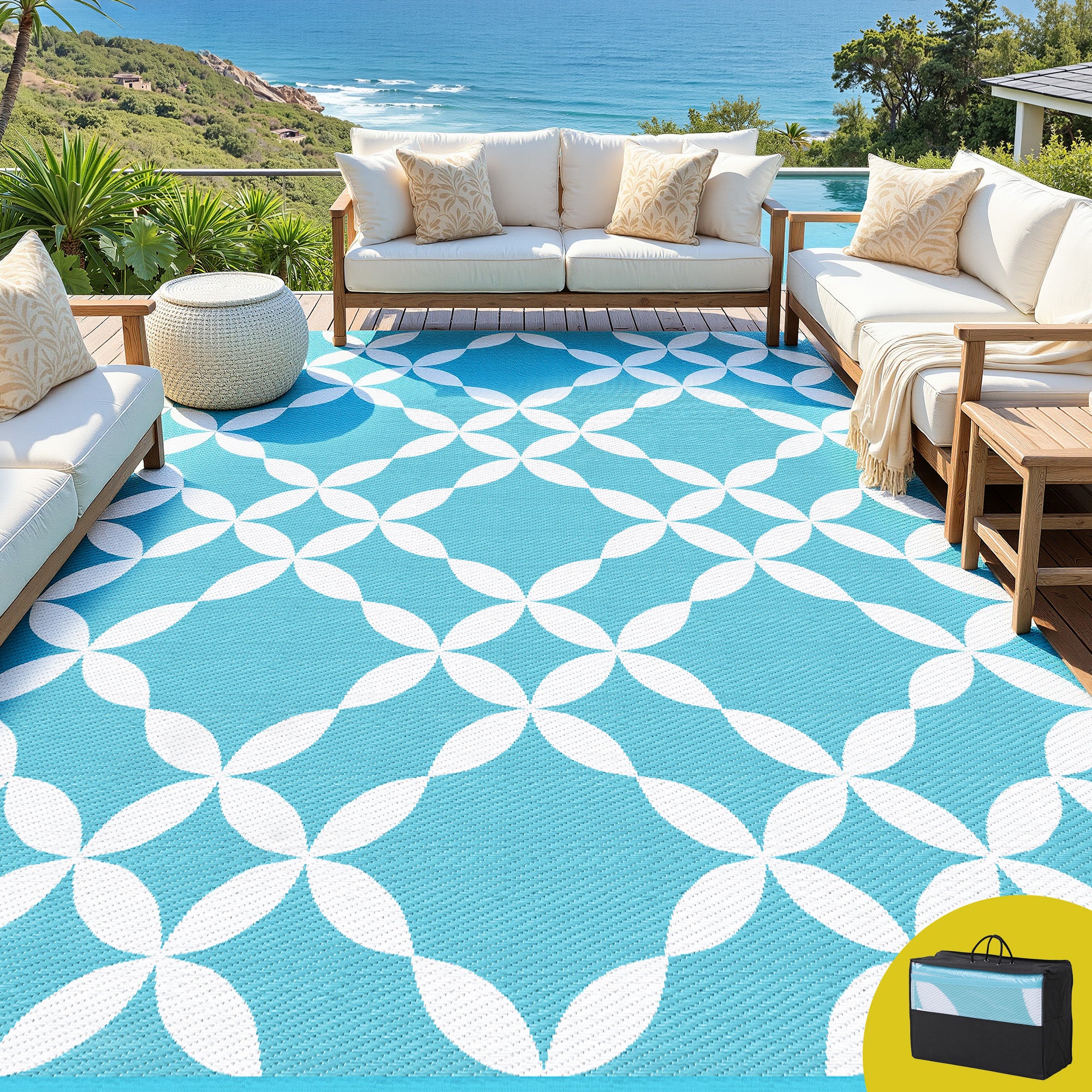 Outdoor Rugs 274x366cm Large Carpet Reversible Area Mat PP Dual-Sided Patio Rug Light Blue with white geometric pattern on patio seating area