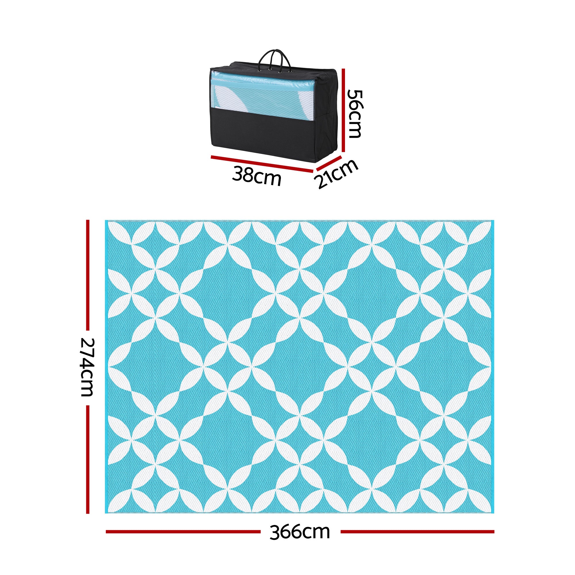 Outdoor Rugs 274x366cm Large Carpet Reversible Area Mat PP Dual-Sided Patio Rug Light Blue with white geometric pattern and carrying case