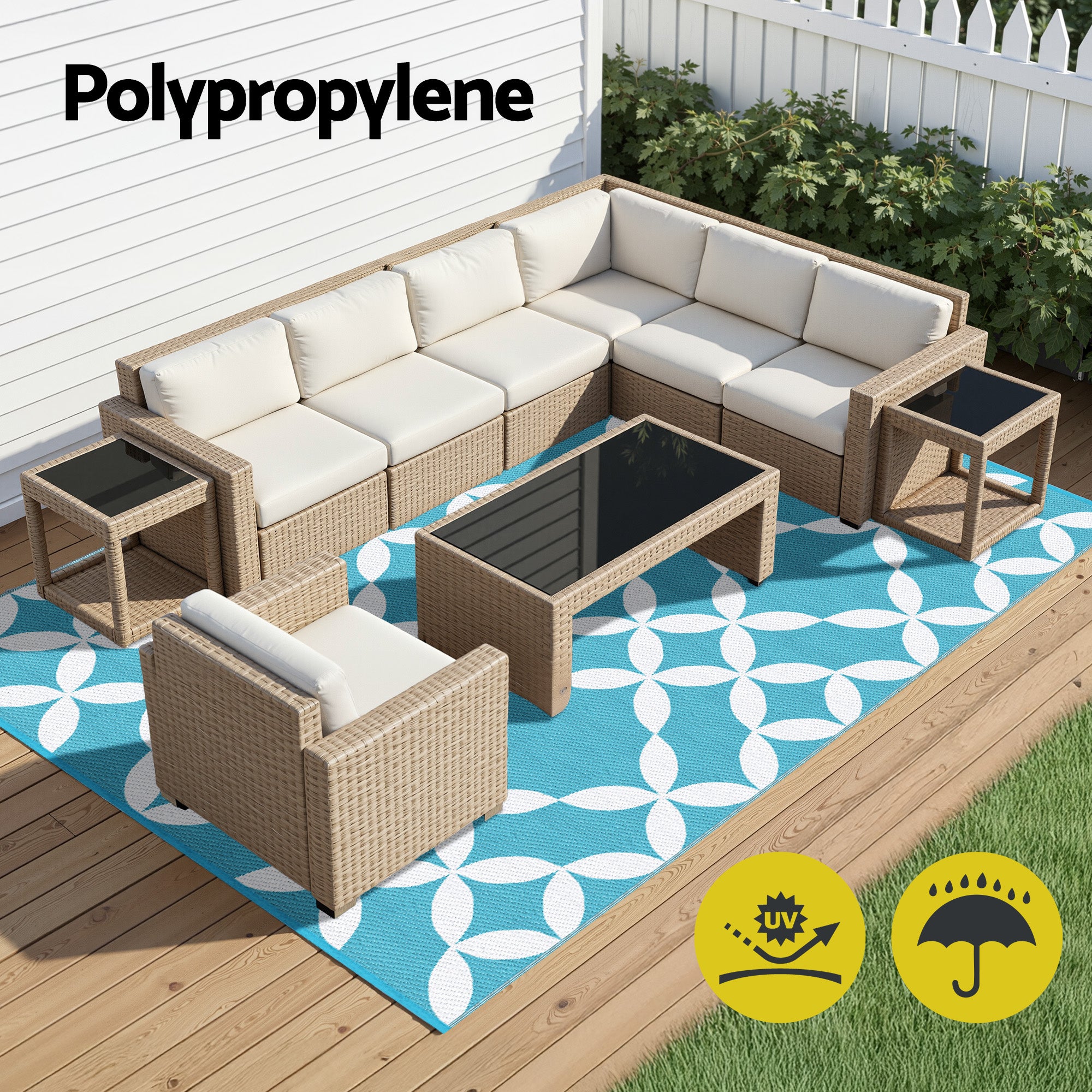 Outdoor Rugs 274x366cm Large Carpet Reversible Area Mat PP Dual-Sided Patio Rug Light Blue under beige cushioned rattan outdoor furniture set on wooden deck