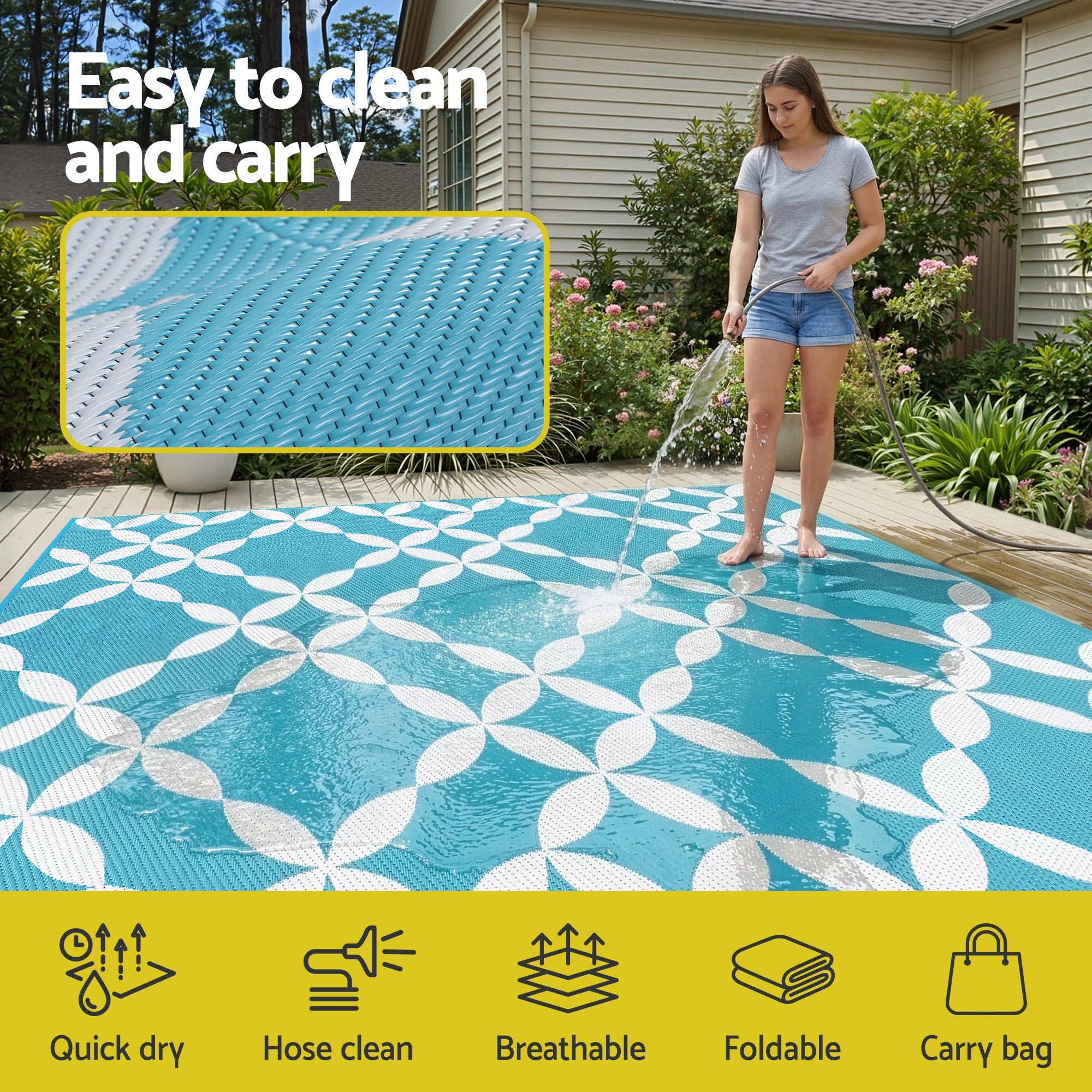 Outdoor Rugs 274x366cm Large Carpet Reversible Area Mat PP Dual-Sided Patio Rug Light Blue being hose cleaned outdoors