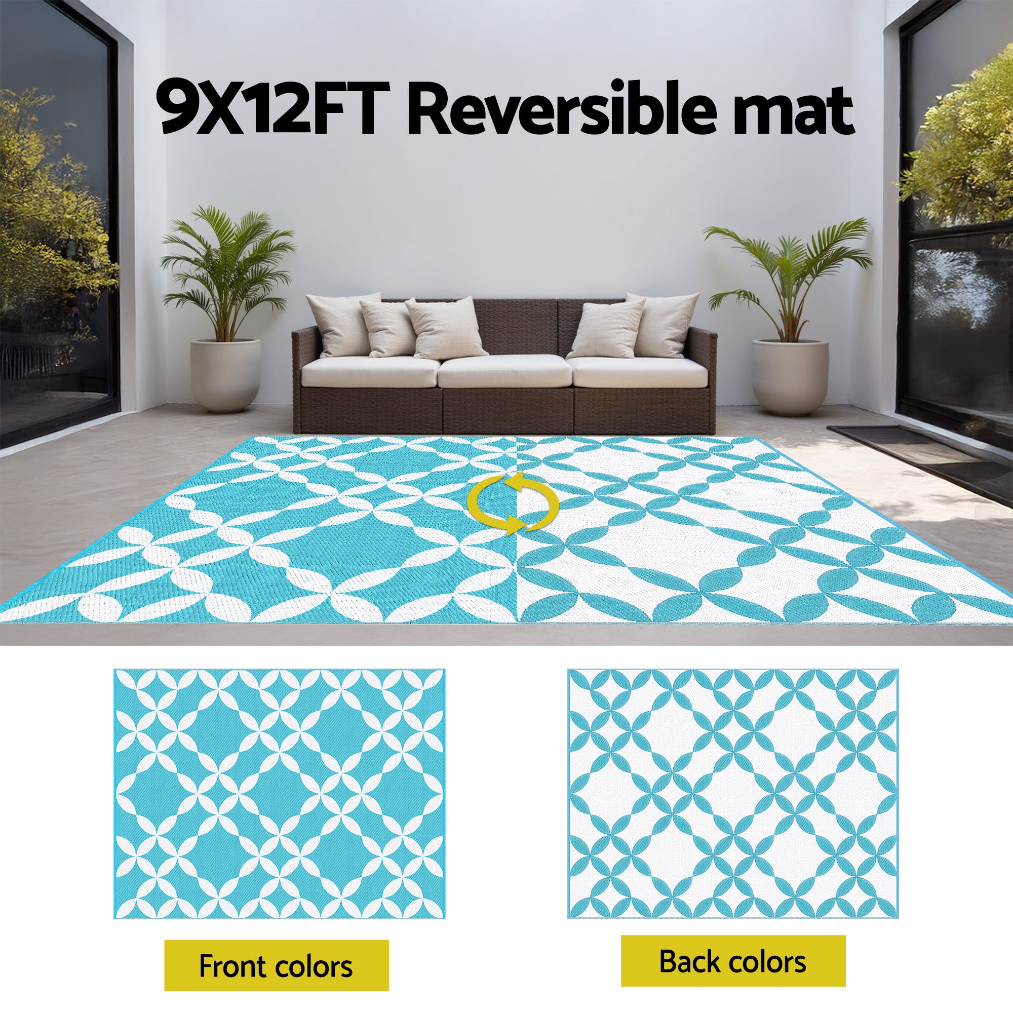 Outdoor Rugs 274x366cm Large Carpet Reversible Area Mat PP Dual-Sided Patio Rug Light Blue with geometric pattern in outdoor seating area