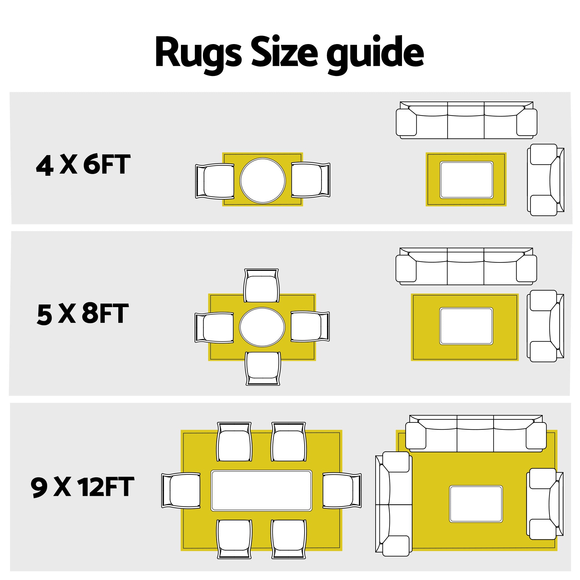 Rugs size guide showing 4x6ft, 5x8ft, and 9x12ft layouts for Outdoor Rugs 274x366cm Large Carpet Reversible Area Mat PP Dual-Sided Patio Rug Light Blue