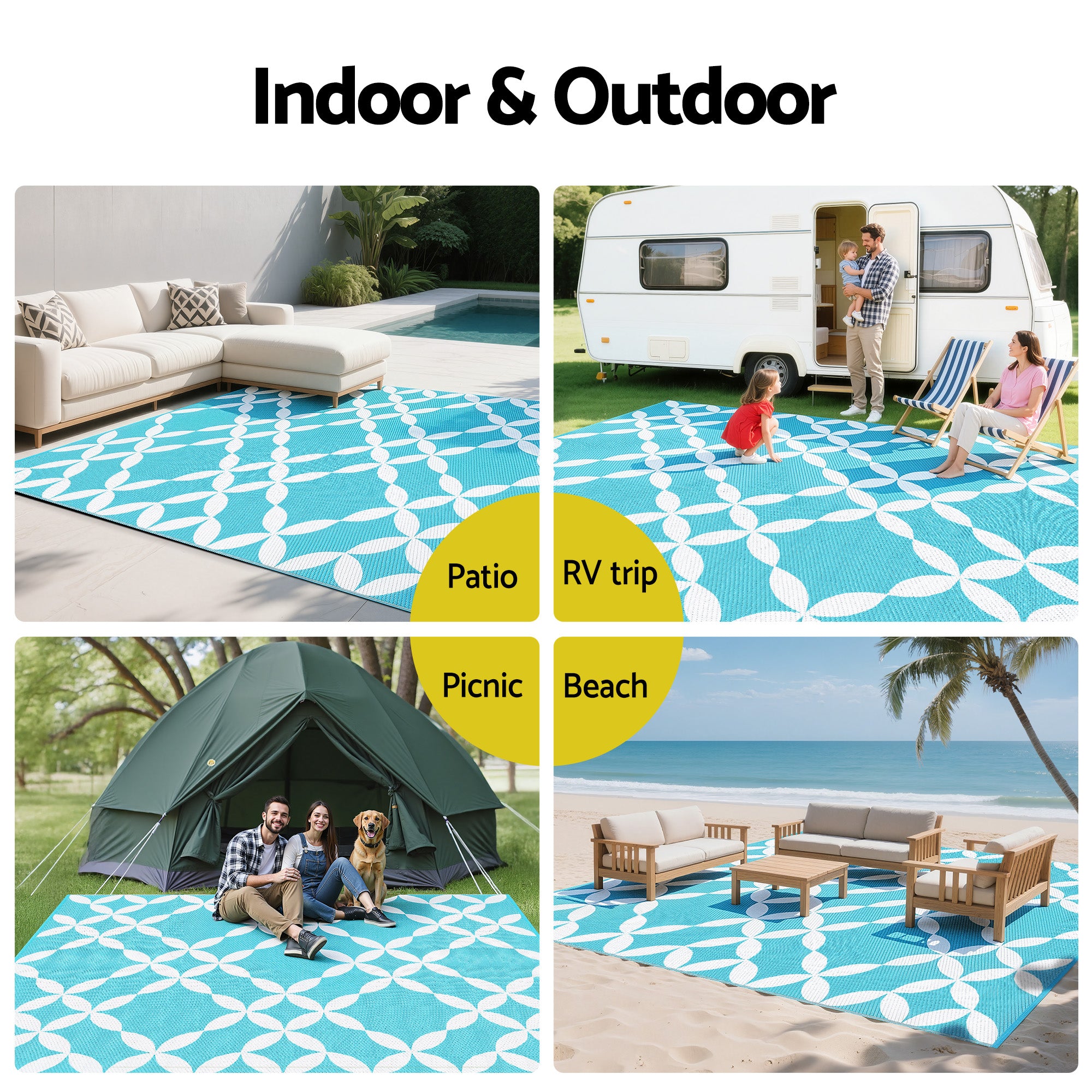 Outdoor Rugs 274x366cm Large Carpet Reversible Area Mat PP Dual-Sided Patio Rug Light Blue shown in various indoor and outdoor settings