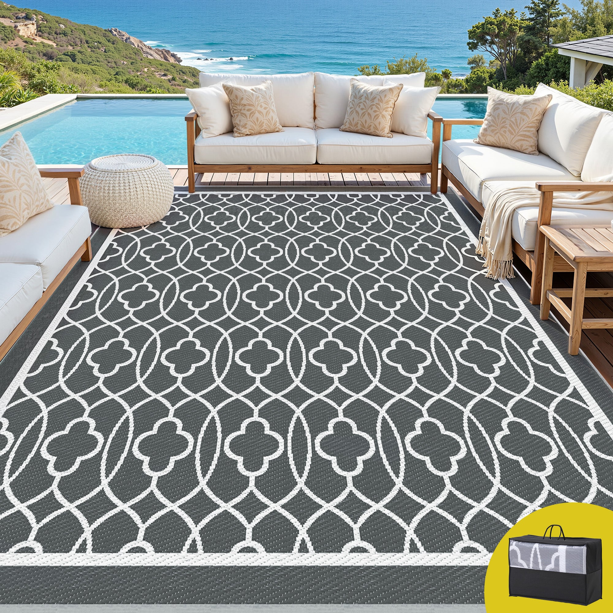 Outdoor Rugs 274x366cm Large Carpet Reversible Area Mat PP Dual-Sided Patio Rug with geometric pattern on poolside deck
