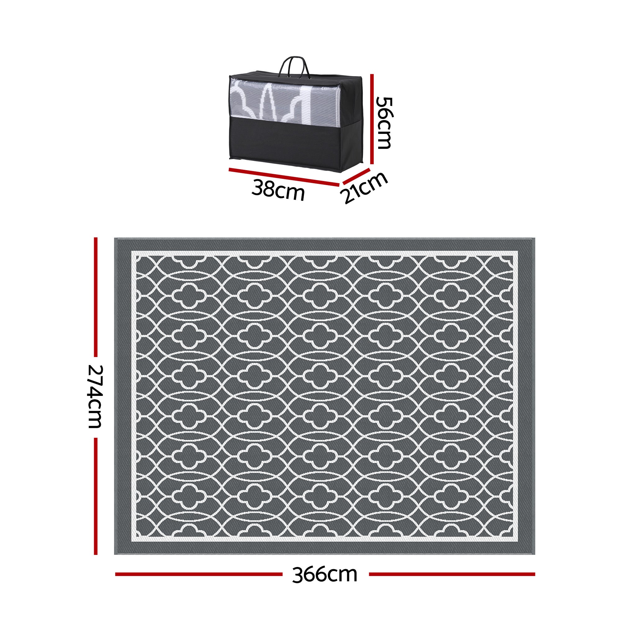 Outdoor Rugs 274x366cm Large Carpet Reversible Area Mat PP Dual-Sided Patio Rug with storage bag and size dimensions shown