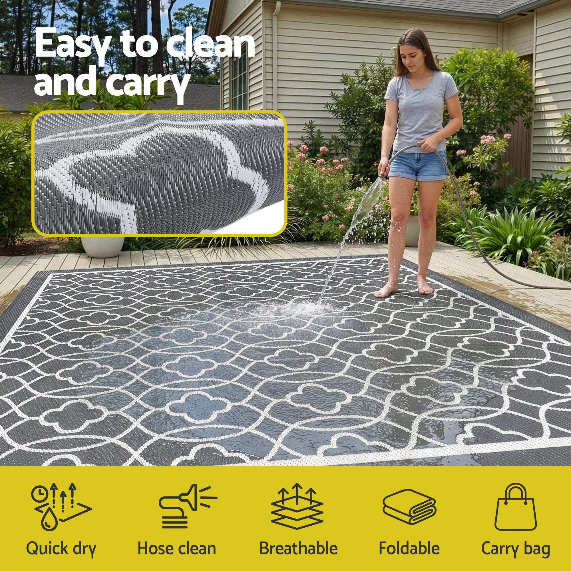 Outdoor Rugs 274x366cm Large Carpet Reversible Area Mat PP Dual-Sided Patio Rug shown being hose-cleaned outdoors