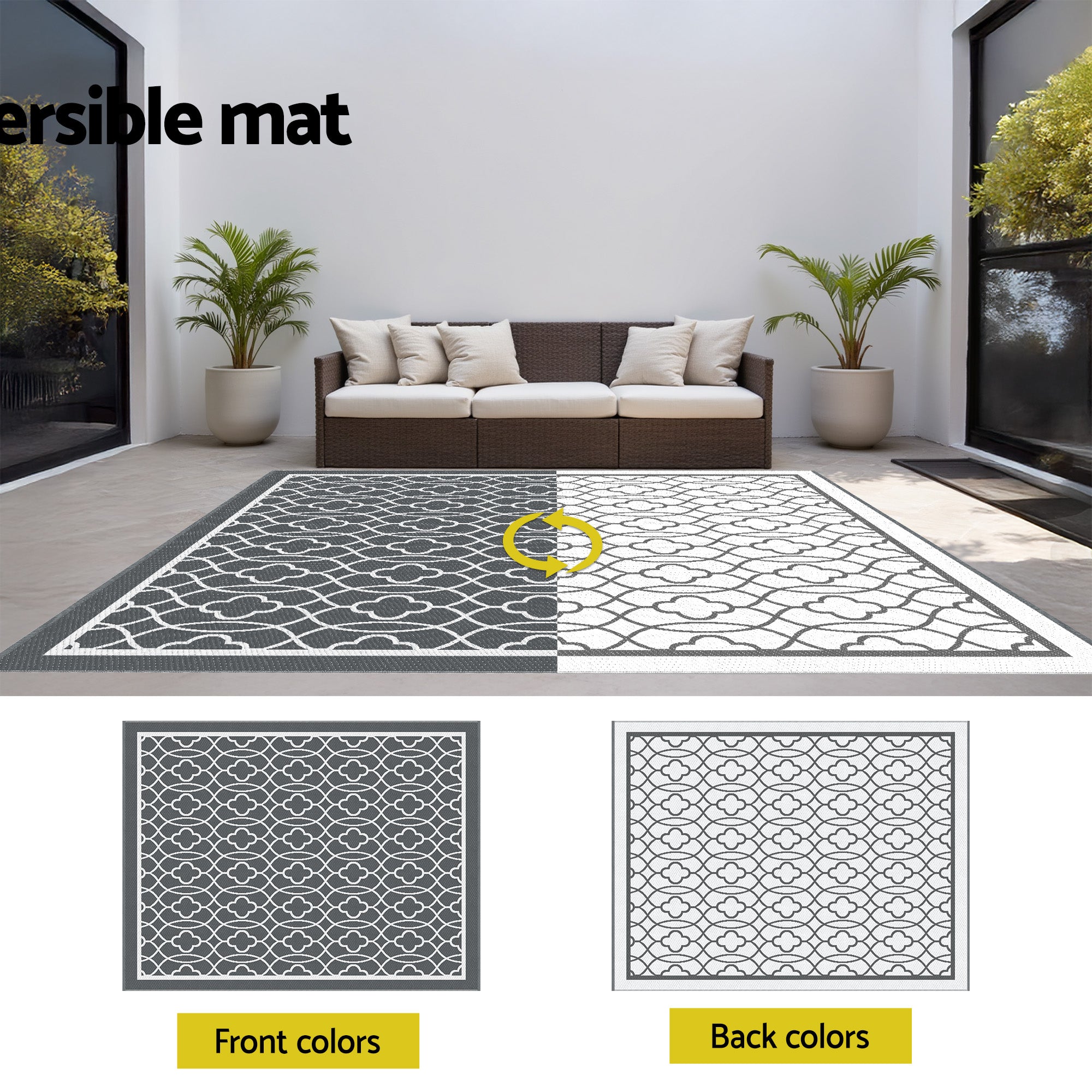 Outdoor Rugs 274x366cm Large Carpet Reversible Area Mat PP Dual-Sided Patio Rug shown in black and white pattern beside outdoor sofa.