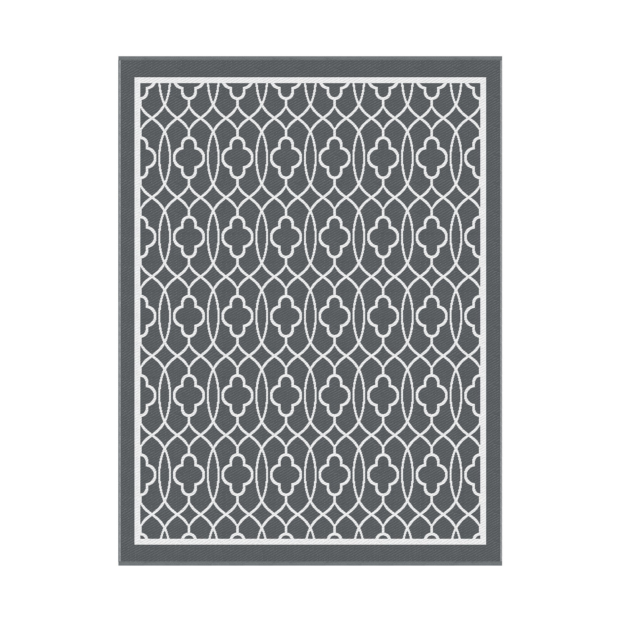 Outdoor Rugs 274x366cm Large Carpet Reversible Area Mat PP Dual-Sided Patio Rug with geometric pattern in gray and white tones.