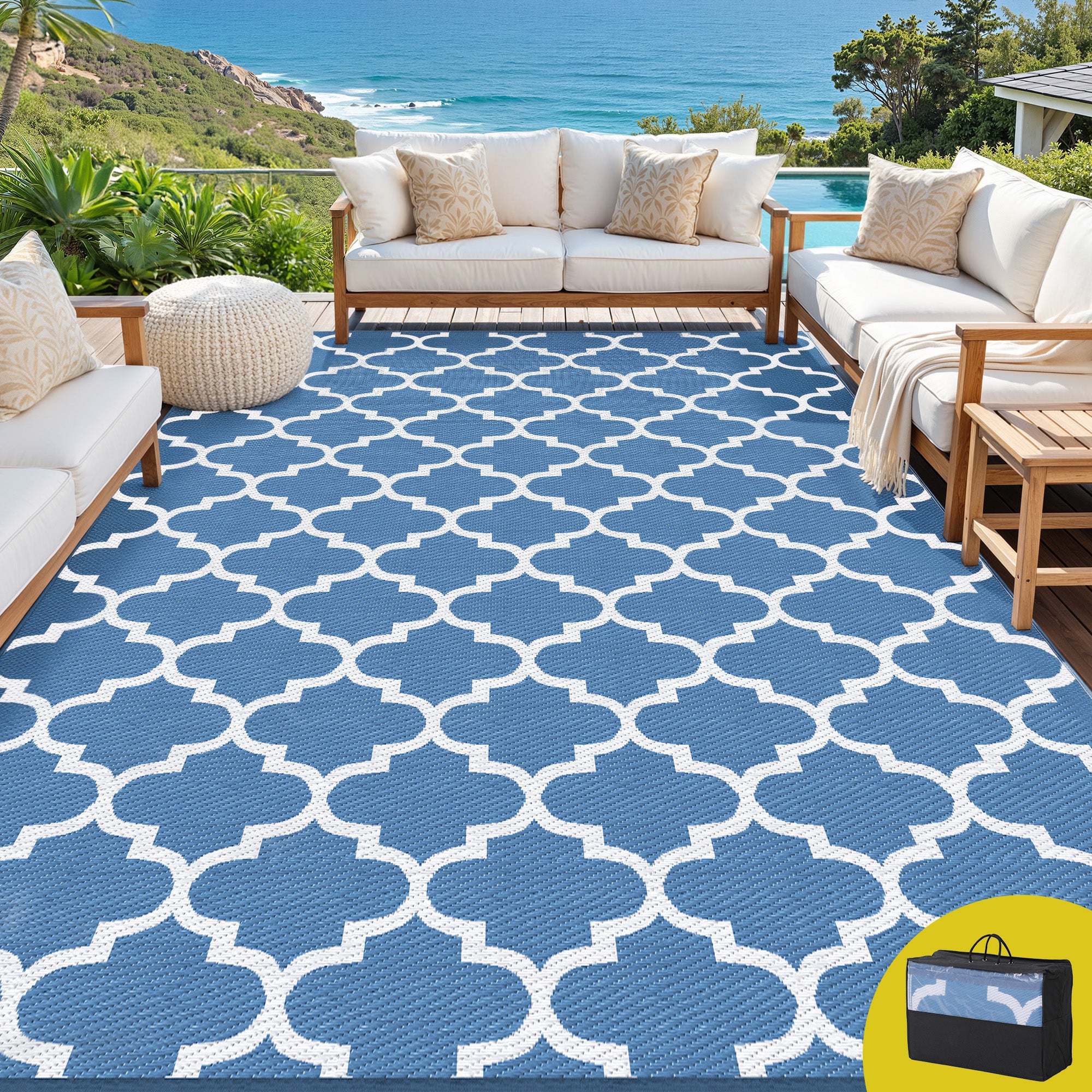 Outdoor Rugs 274x366cm Large Carpet Reversible Area Mat PP Dual-Sided Patio Rug Blue with outdoor seating and ocean view