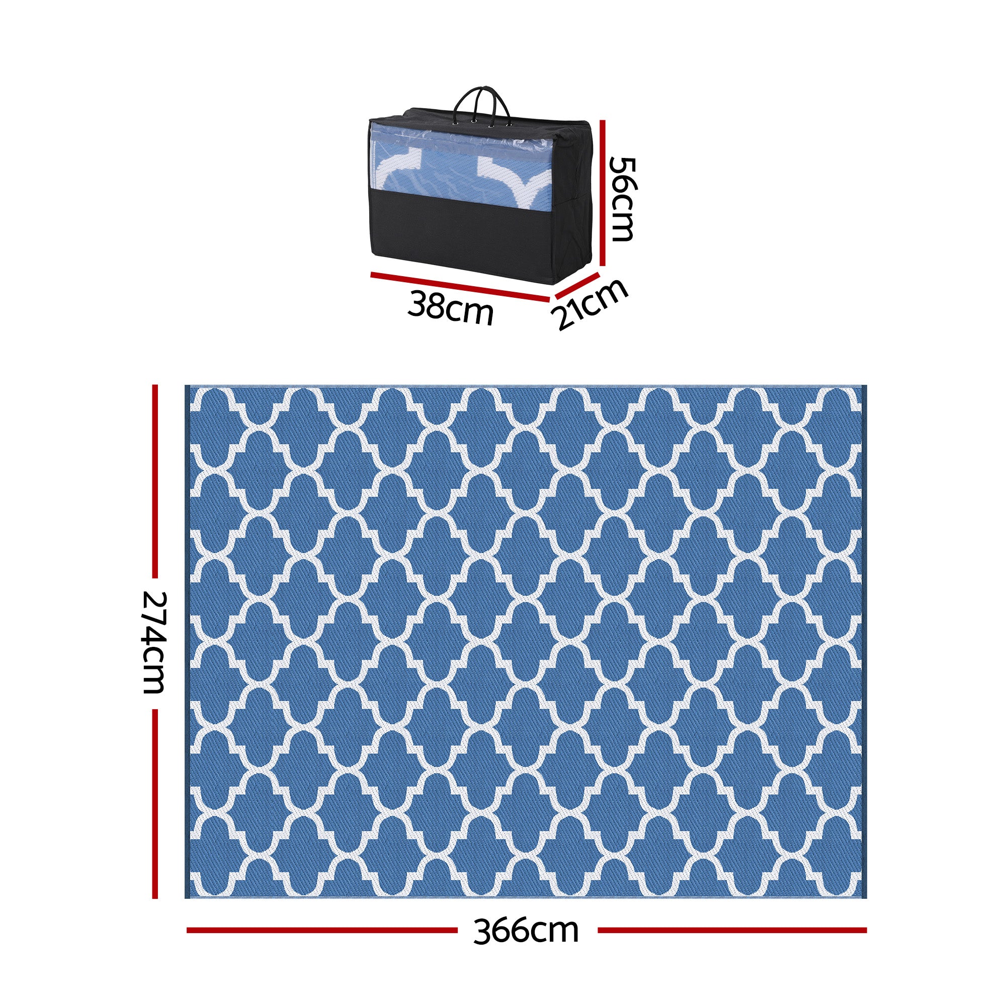 Outdoor Rugs 274x366cm Large Carpet Reversible Area Mat PP Dual-Sided Patio Rug Blue with storage bag and size dimensions shown