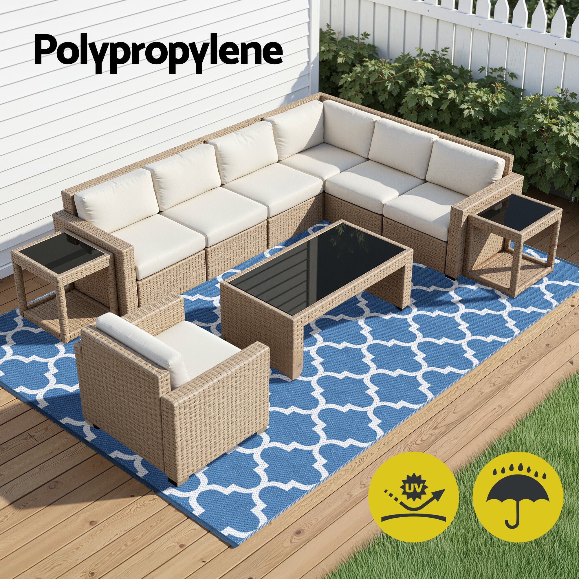 Outdoor Rugs 274x366cm Large Carpet Reversible Area Mat PP Dual-Sided Patio Rug Blue under beige wicker patio furniture set